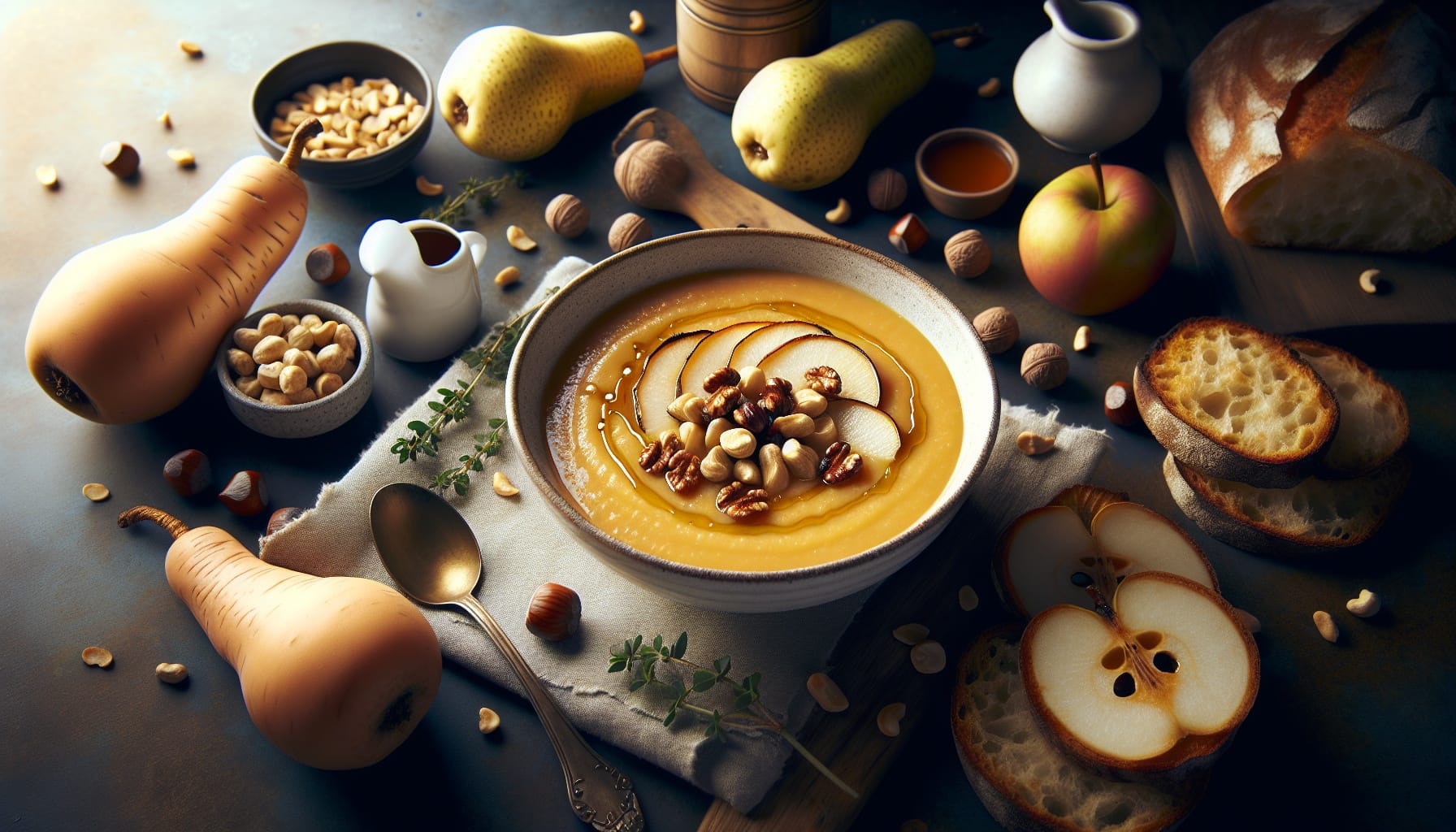 Maple Roasted Parsnip and Pear Soup with Toasted Hazelnuts - A delicious recipe by DigiDish