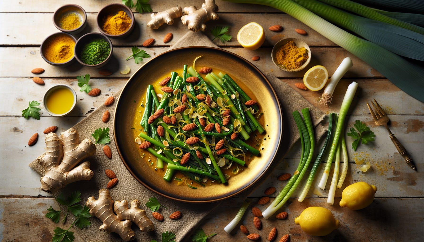Turmeric Ginger Braised Leeks with Toasted Almond Gremolata - A delicious recipe by DigiDish