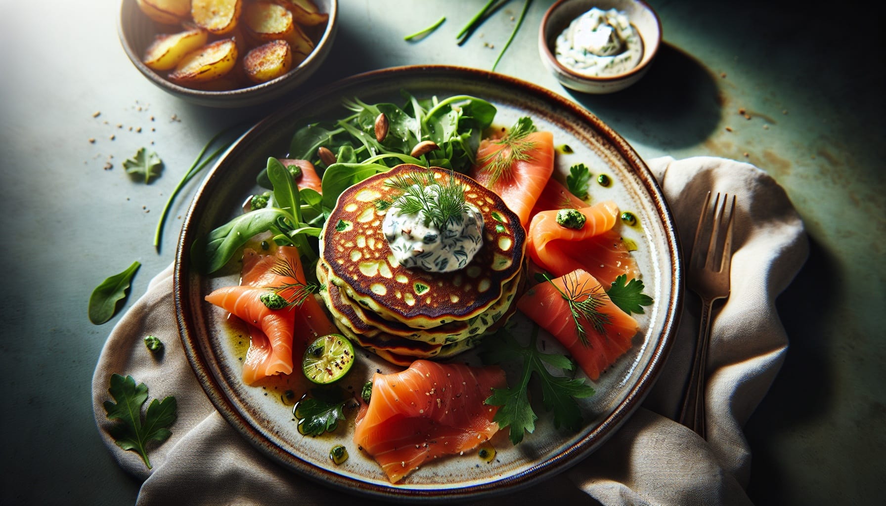 Savory Herb Pancakes with Smoked Salmon and Lemon Dill Crema - A delicious recipe by DigiDish