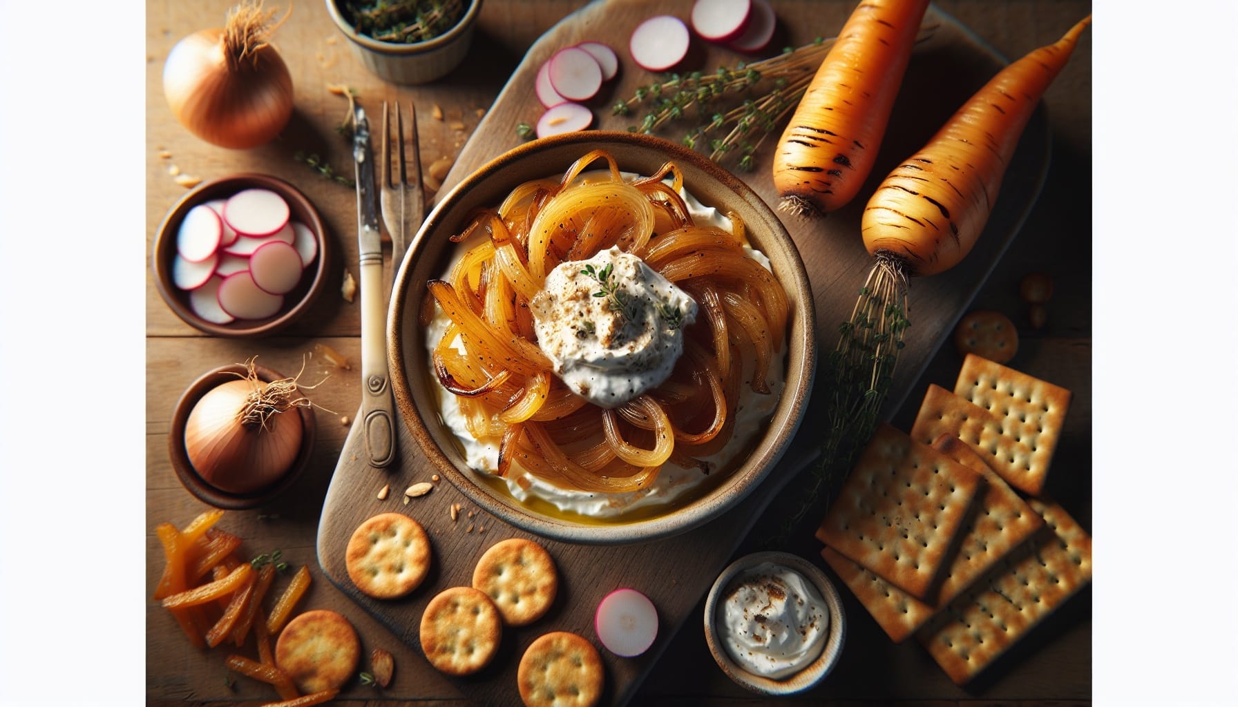 Creamy Roasted Parsnip and Caramelized Onion Dip with Thyme Garlic Crackers - A delicious recipe by DigiDish