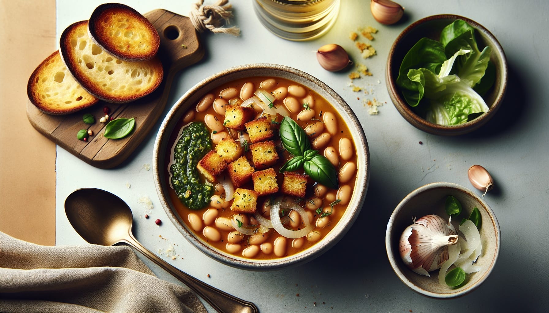 Silky White Bean Soup with Lemon Basil Pesto and Garlic Croutons - A delicious recipe by DigiDish