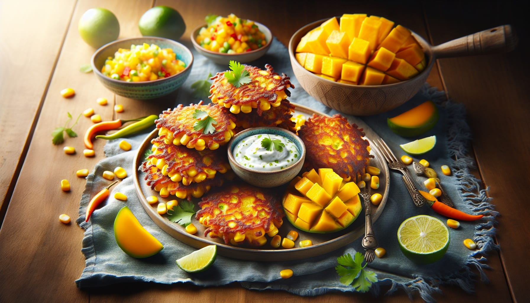 Golden Corn Fritters with Spicy Mango Salsa and Lime Yogurt - A delicious recipe by DigiDish