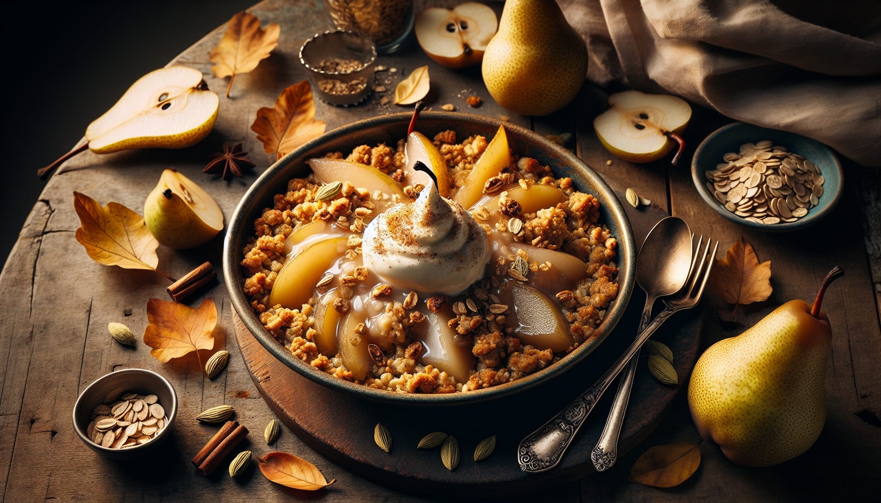 Warm Spiced Pear and Cardamom Crumble with Vanilla Cashew Cream - A delicious recipe by DigiDish