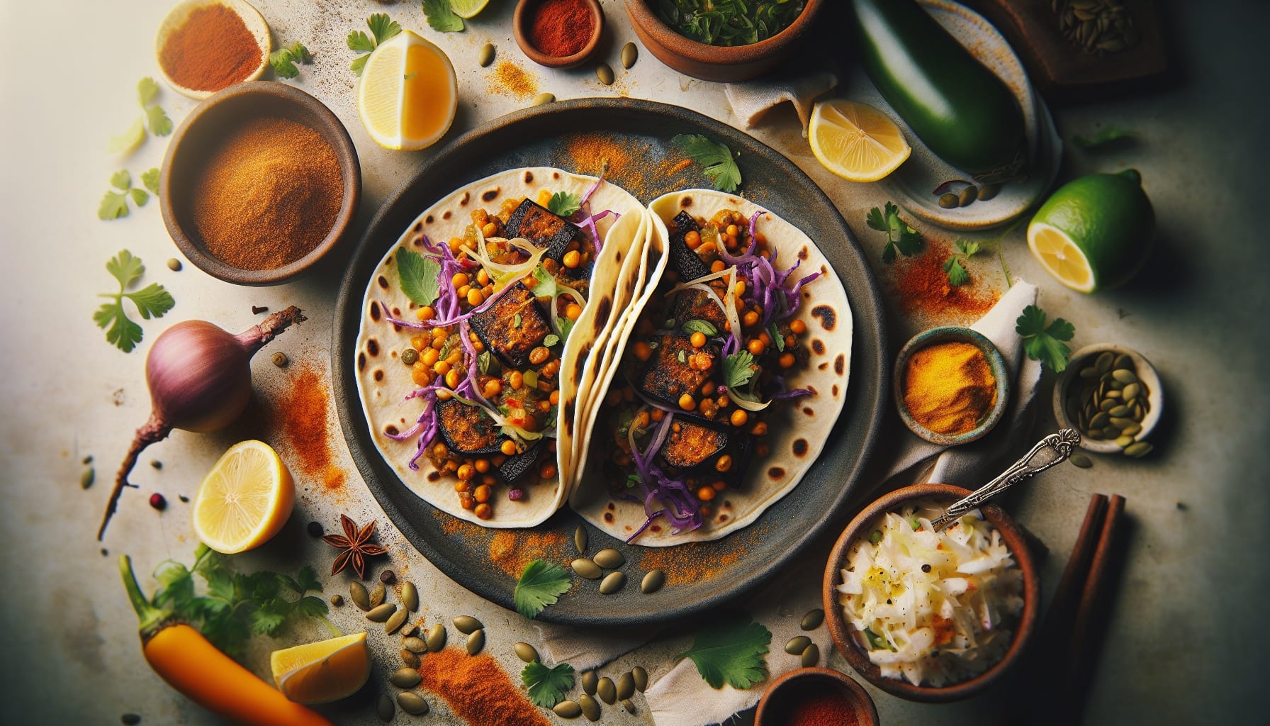 Smoky Eggplant and Lentil Tacos with Lemon Herb Slaw - A delicious recipe by DigiDish