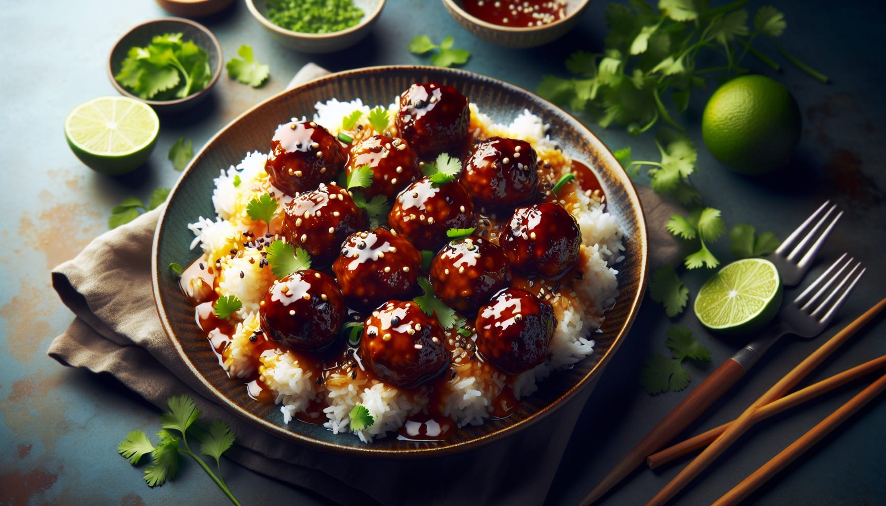 Sticky Tamarind Glazed Meatballs with Coconut Lime Rice - A delicious recipe by DigiDish