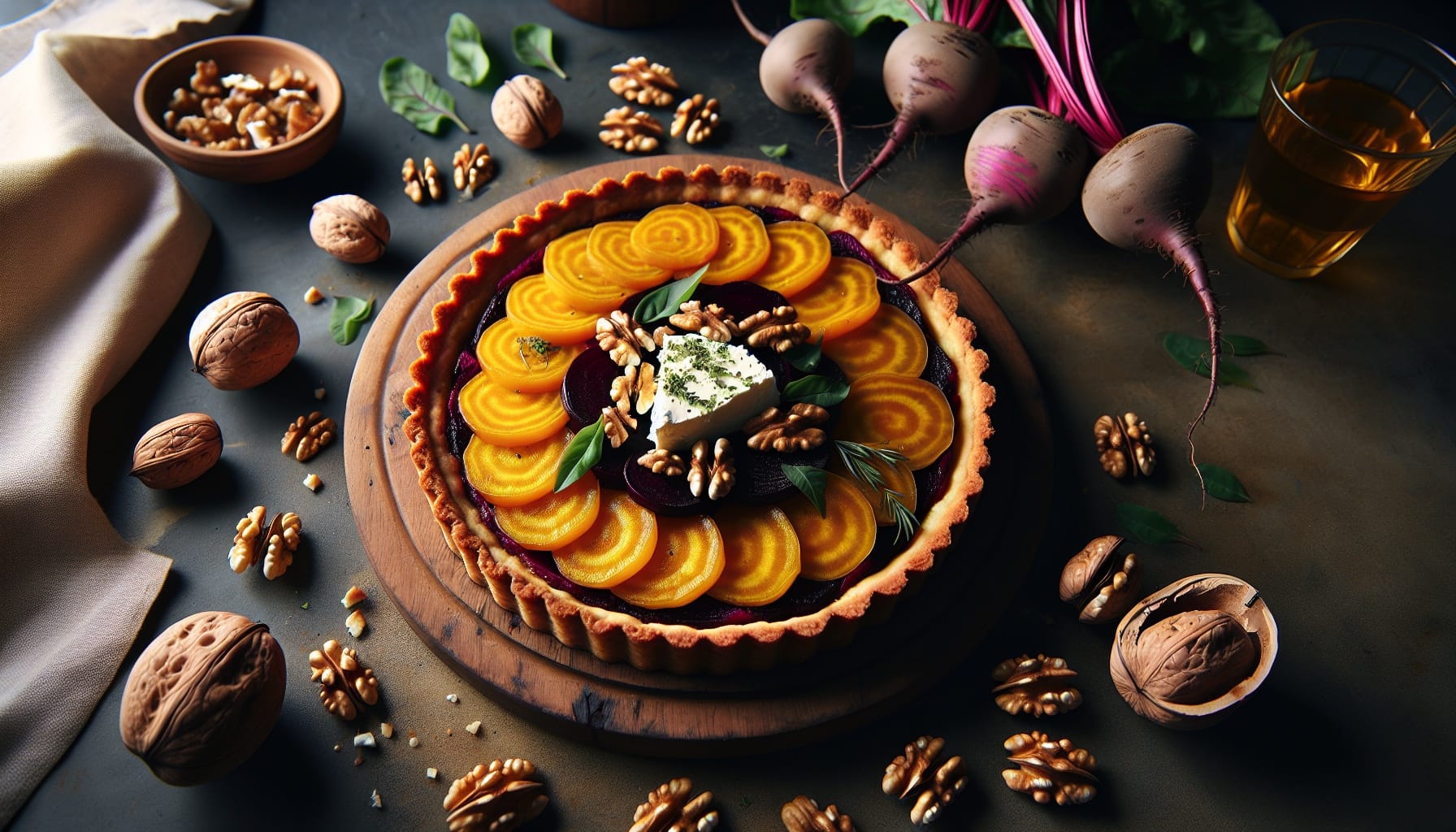 Golden Beet and Herbed Goat Cheese Tart with Walnut Crust - A delicious recipe by DigiDish