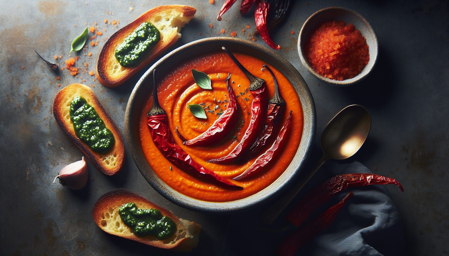 Roasted Red Pepper Bisque with Basil Pesto Crostini - A delicious recipe by DigiDish