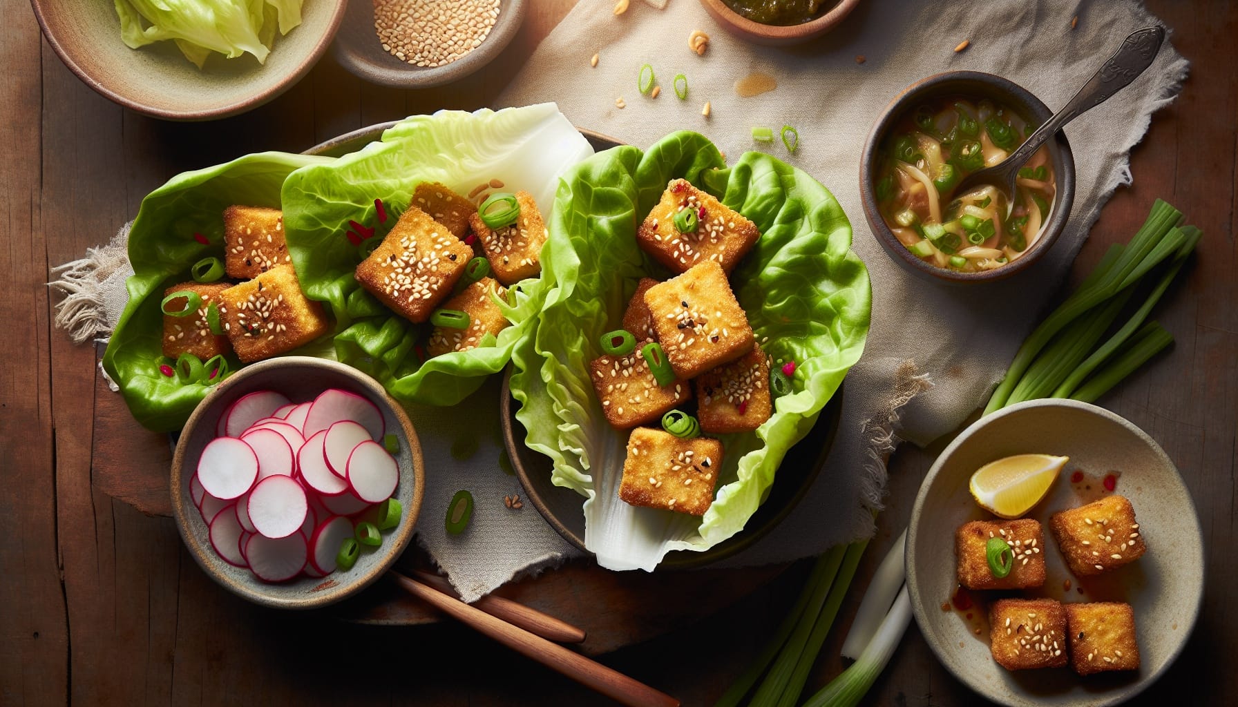 Crispy Sesame Tofu Lettuce Wraps with Pickled Radish and Ginger Scallion Sauce - A delicious recipe by DigiDish