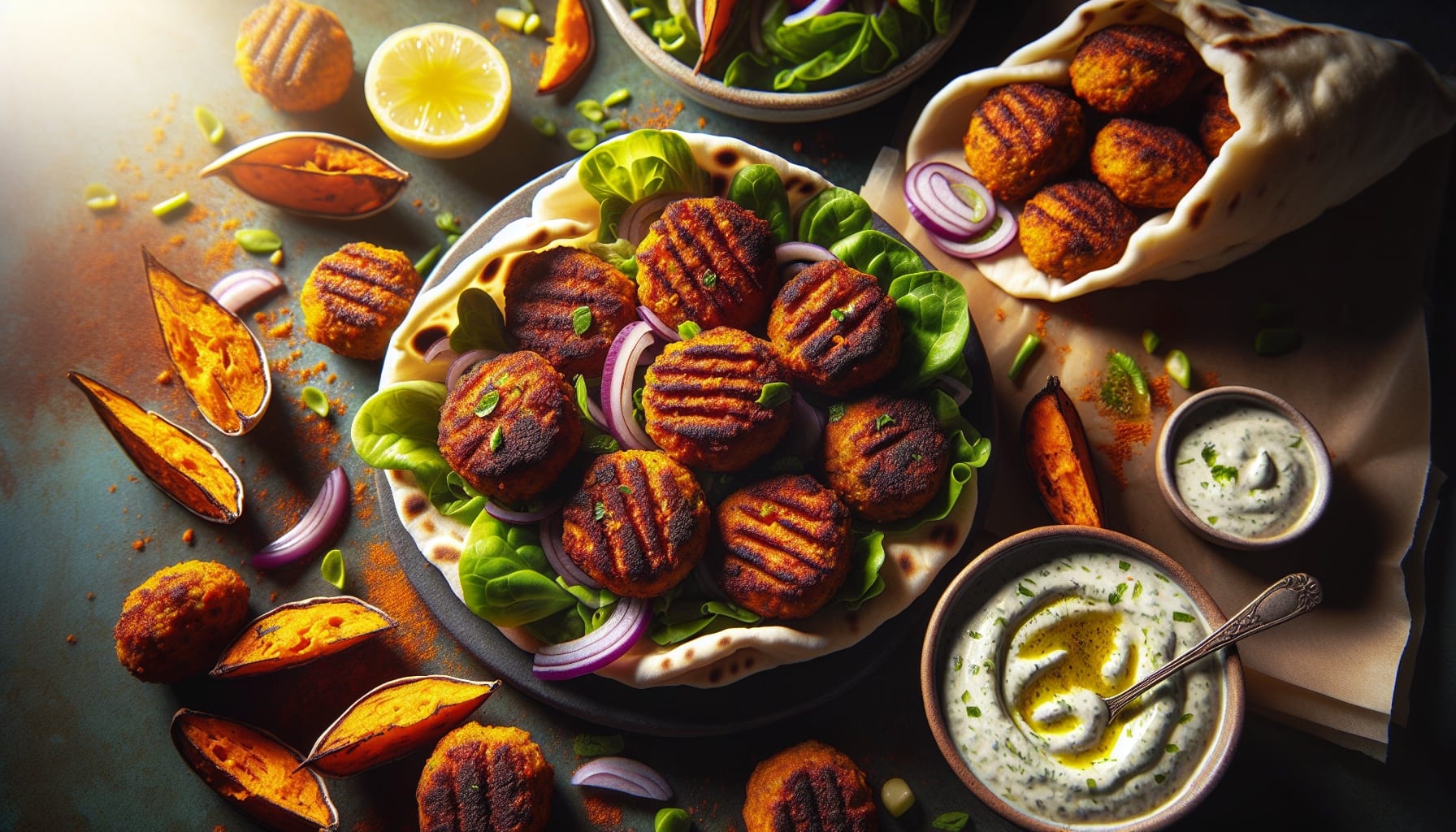 Baked Sweet Potato Falafel with Lemon Herb Tahini Dressing - A delicious recipe by DigiDish