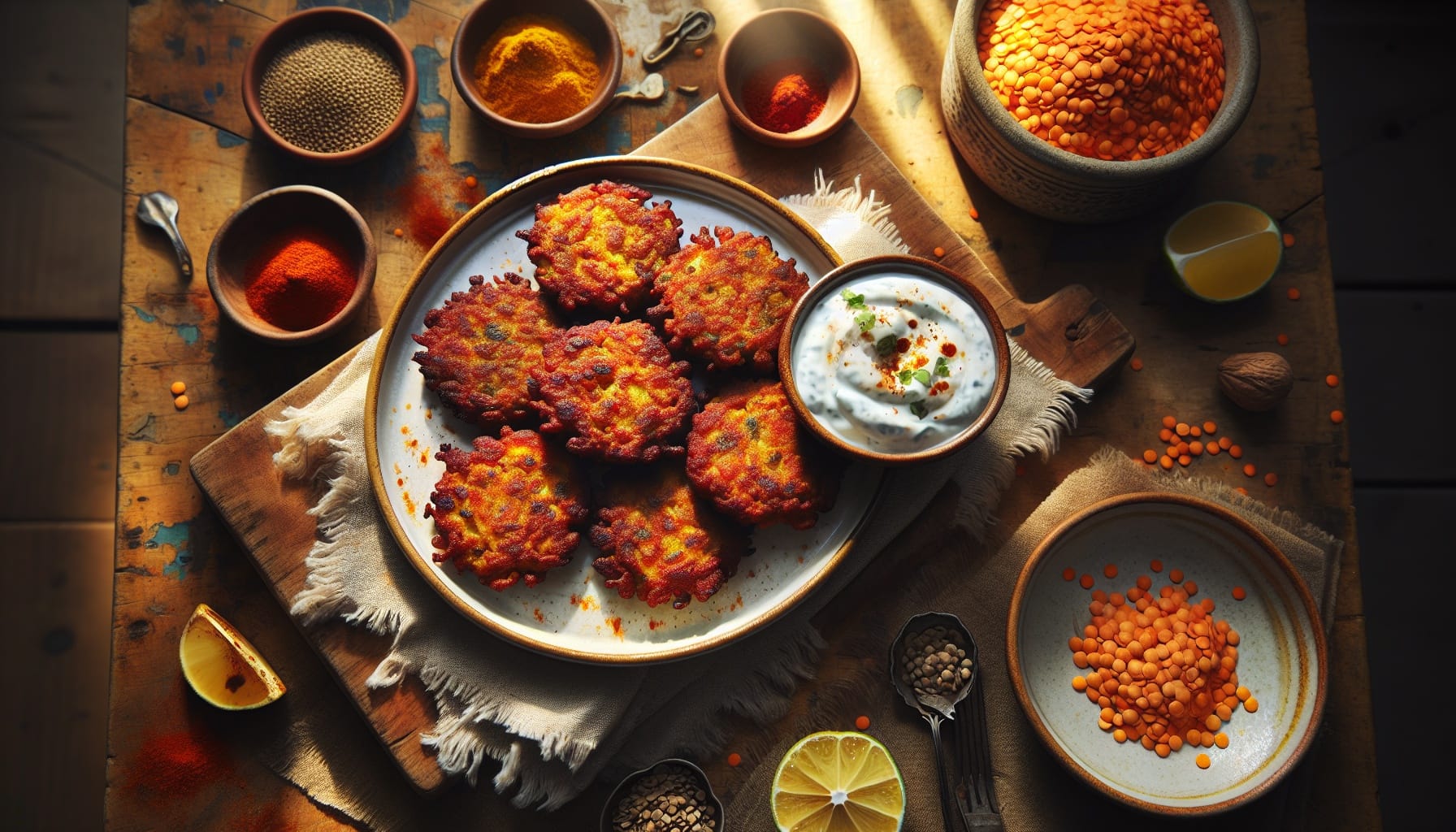 Spiced Red Lentil Fritters with Coconut Lime Yogurt Dip - A delicious recipe by DigiDish