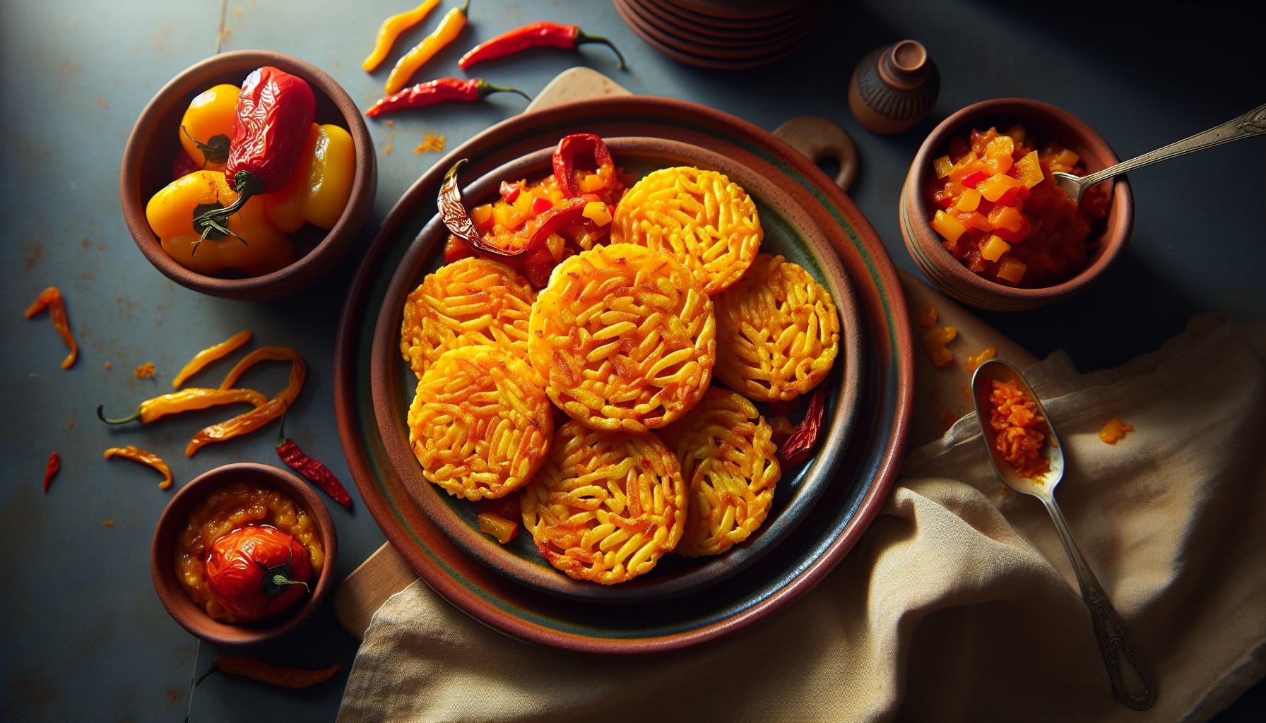 Crispy Saffron Rice Cakes with Warm Tomato Pepper Relish - A delicious recipe by DigiDish