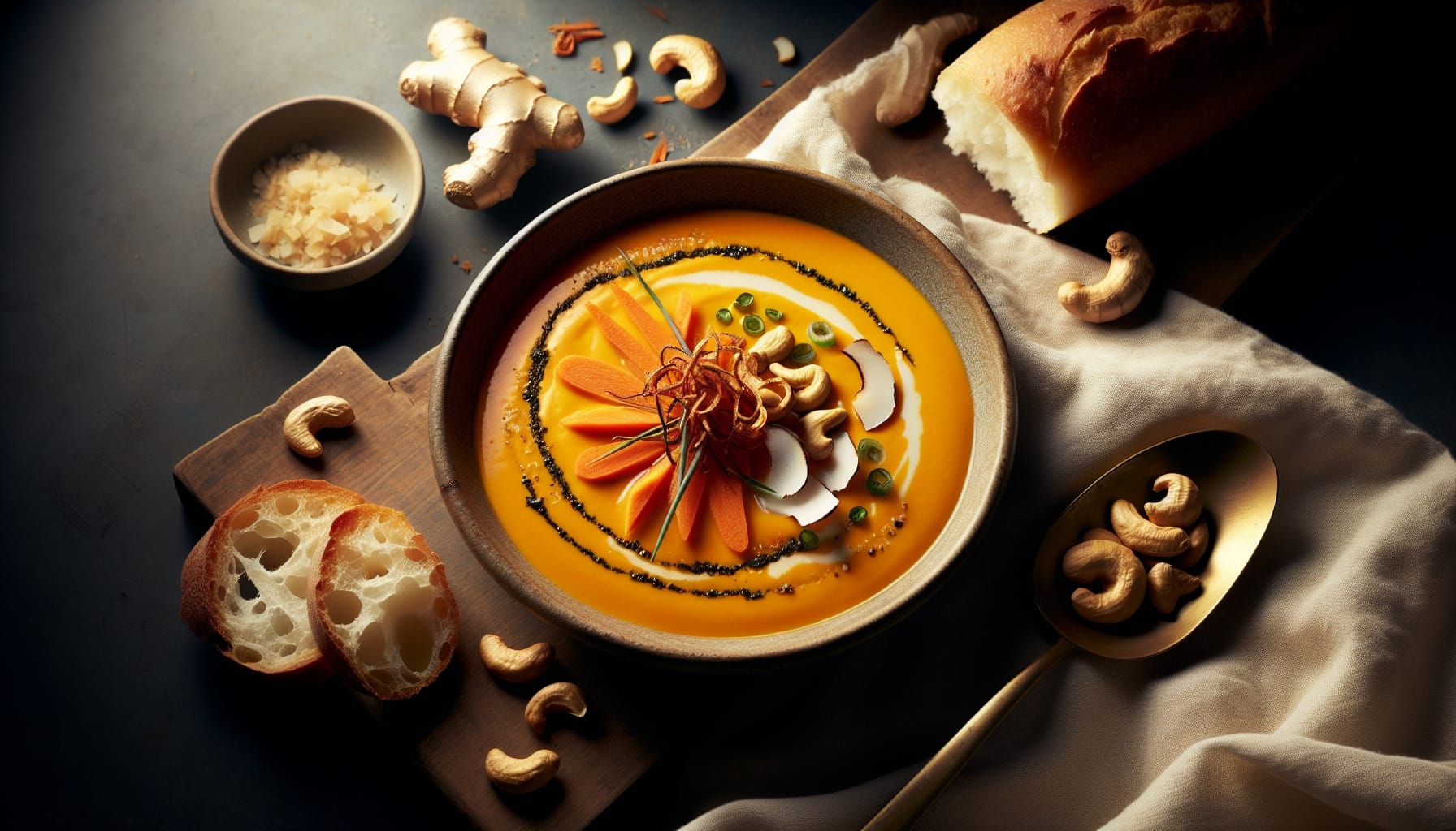 Carrot Ginger Bisque with Coconut Cashew Cream and Crispy Shallots - A delicious recipe by DigiDish