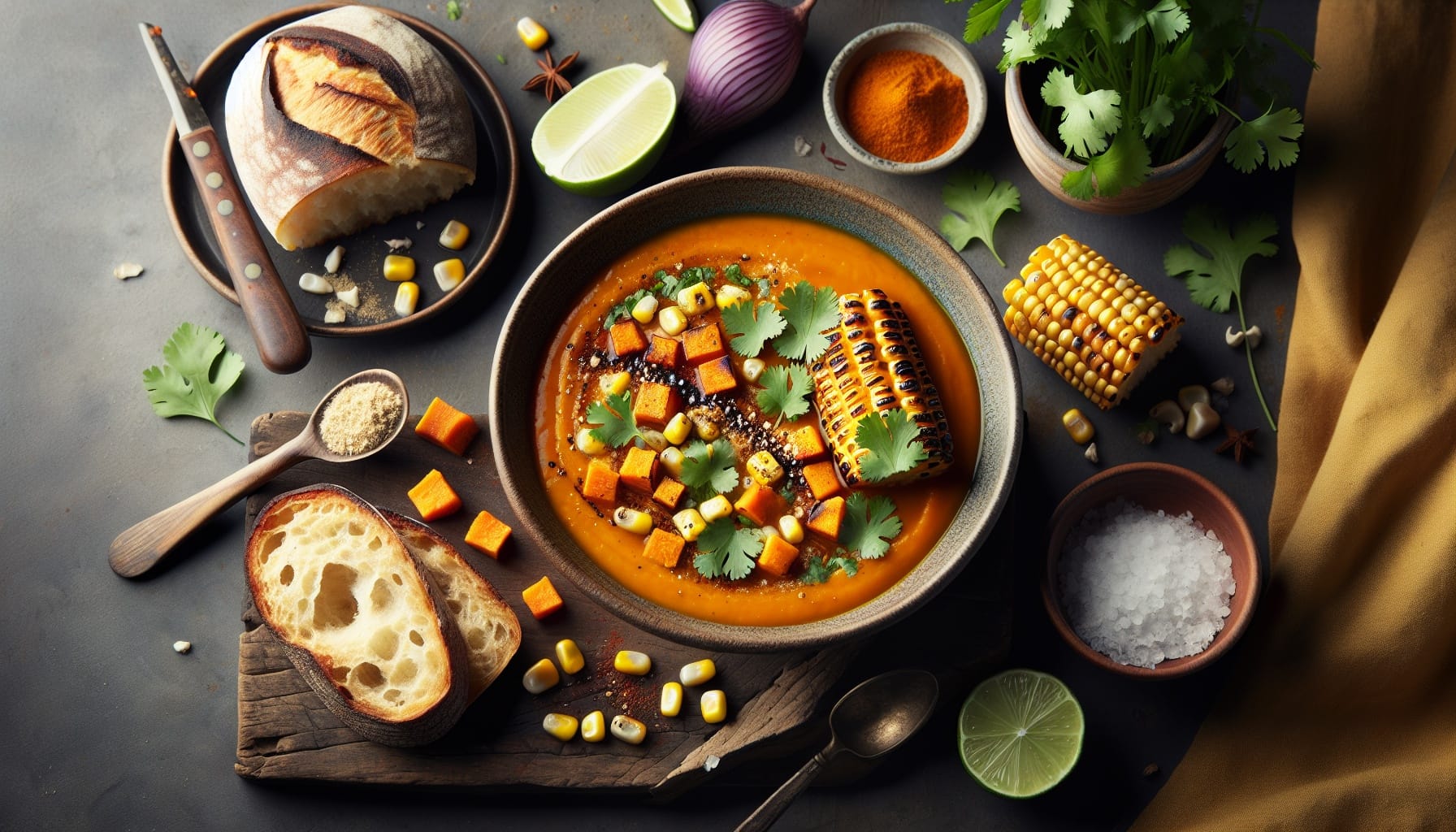 Smoky Sweet Potato Soup with Charred Corn and Cilantro Lime Drizzle - A delicious recipe by DigiDish