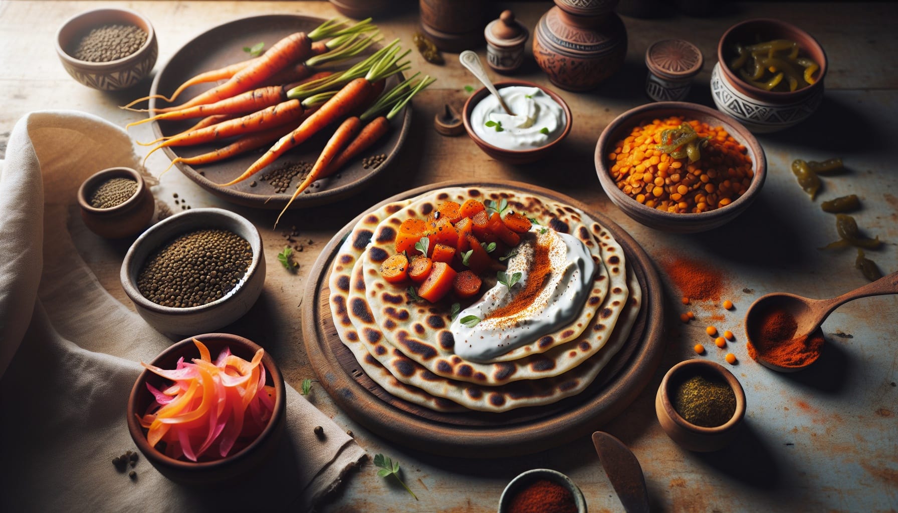 Spiced Carrot and Lentil Flatbreads with Cumin Yogurt and Pickled Herbs - A delicious recipe by DigiDish