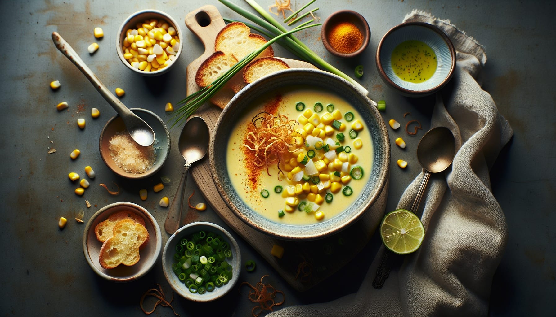 Coconut Corn Soup with Lime Chive Oil and Crispy Shallots - A delicious recipe by DigiDish