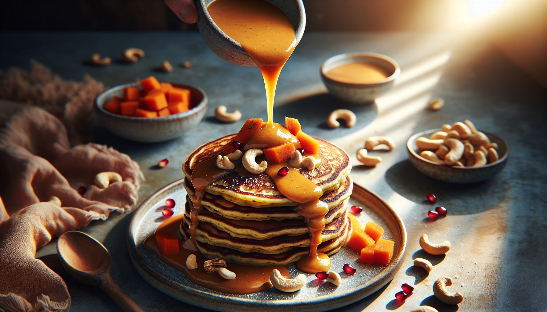 Carrot Ginger Pancakes with Spicy Maple Cashew Drizzle - A delicious recipe by DigiDish