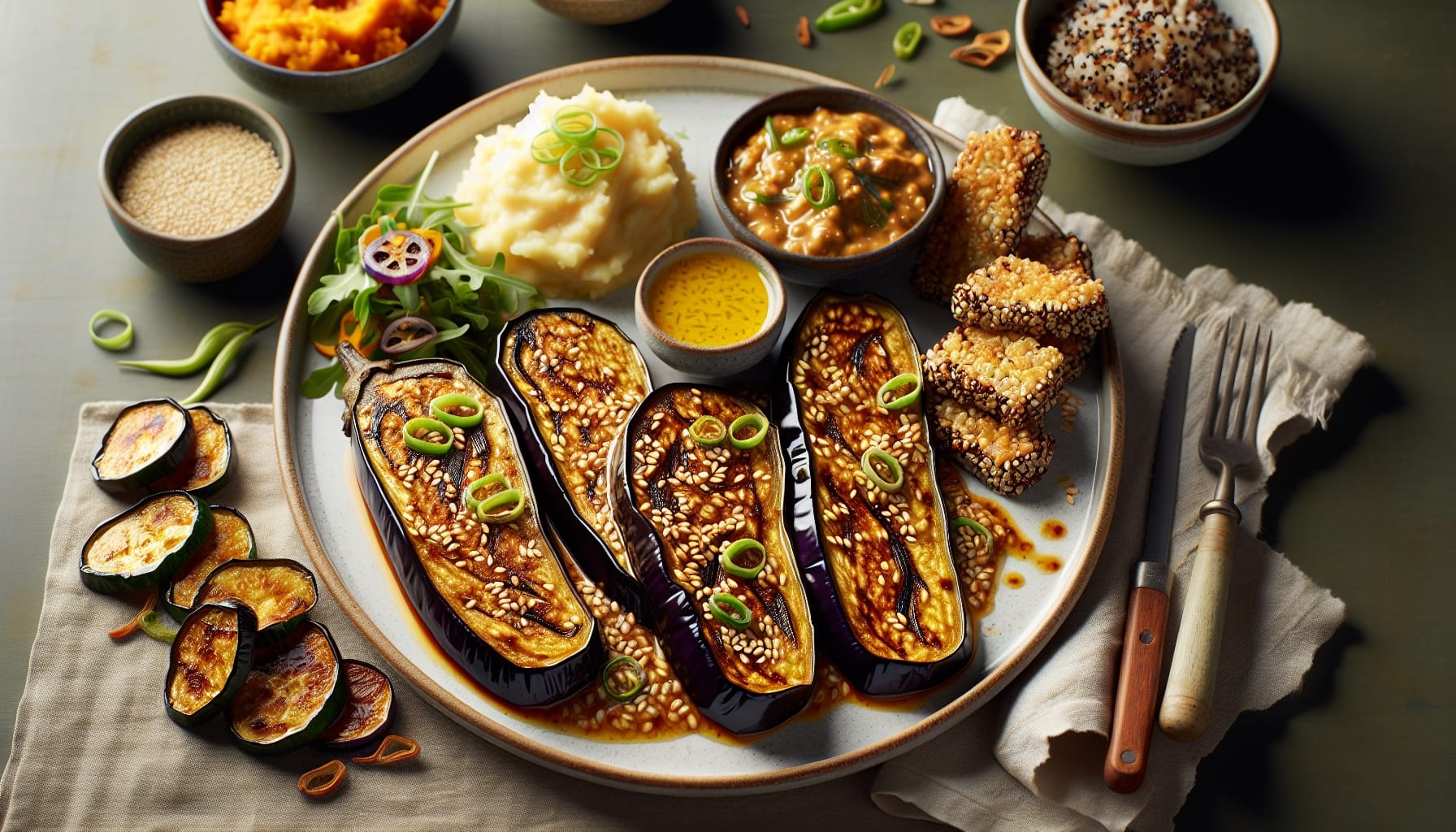 Sesame Crusted Eggplant Steaks with Ginger Scallion Sauce and Crispy Quinoa Toasts - A delicious recipe by DigiDish