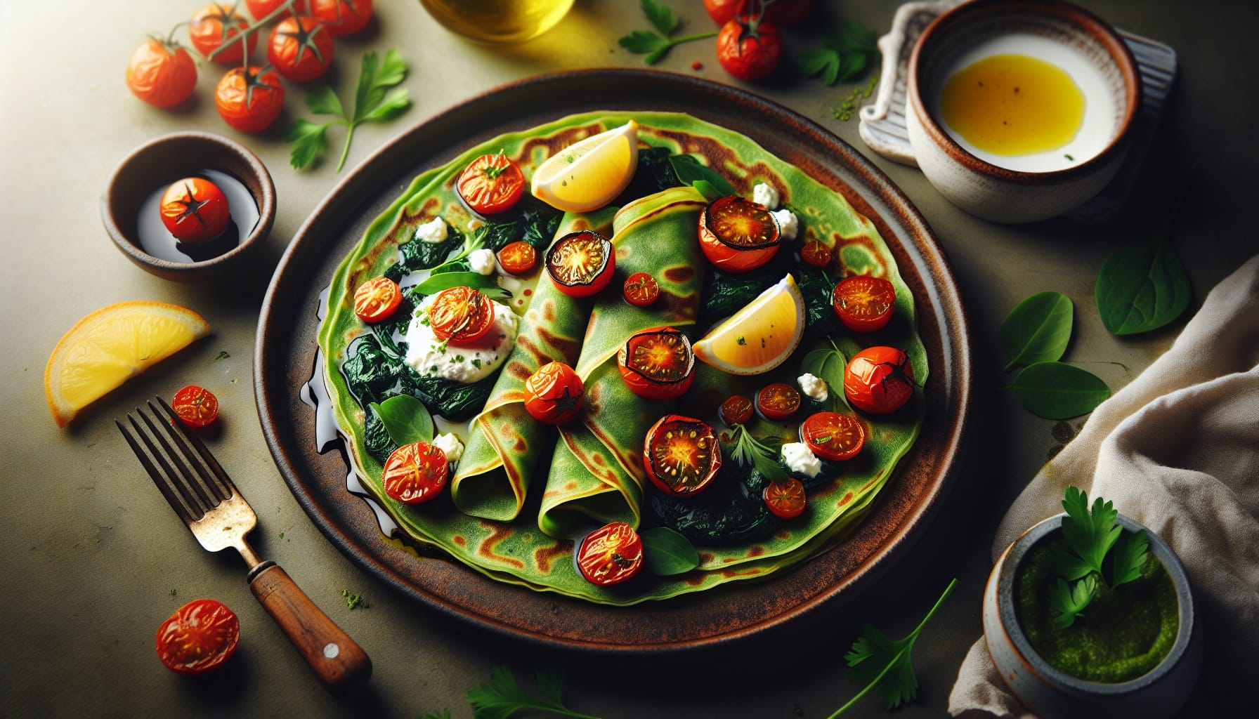 Savory Spinach Crepes with Lemon Herb Ricotta and Roasted Tomatoes - A delicious recipe by DigiDish
