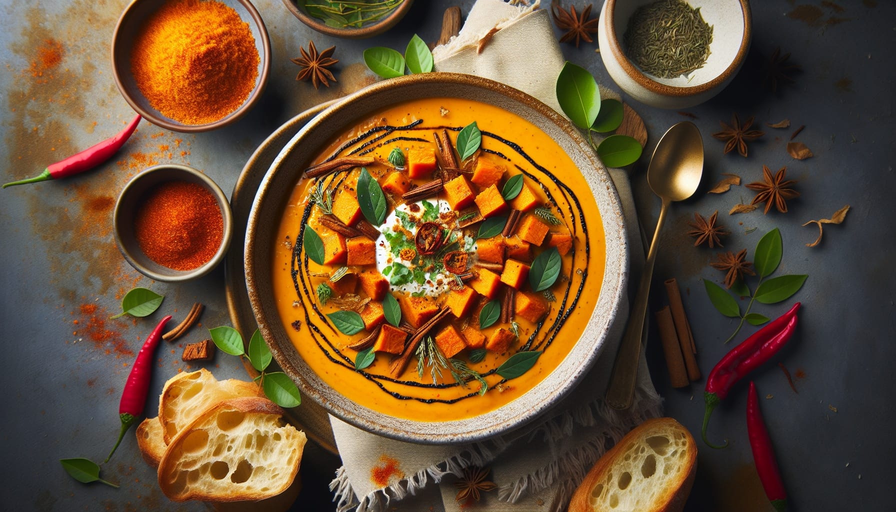 Spiced Sweet Potato Bisque with Coconut Lime Drizzle and Crispy Curry Leaves - A delicious recipe by DigiDish
