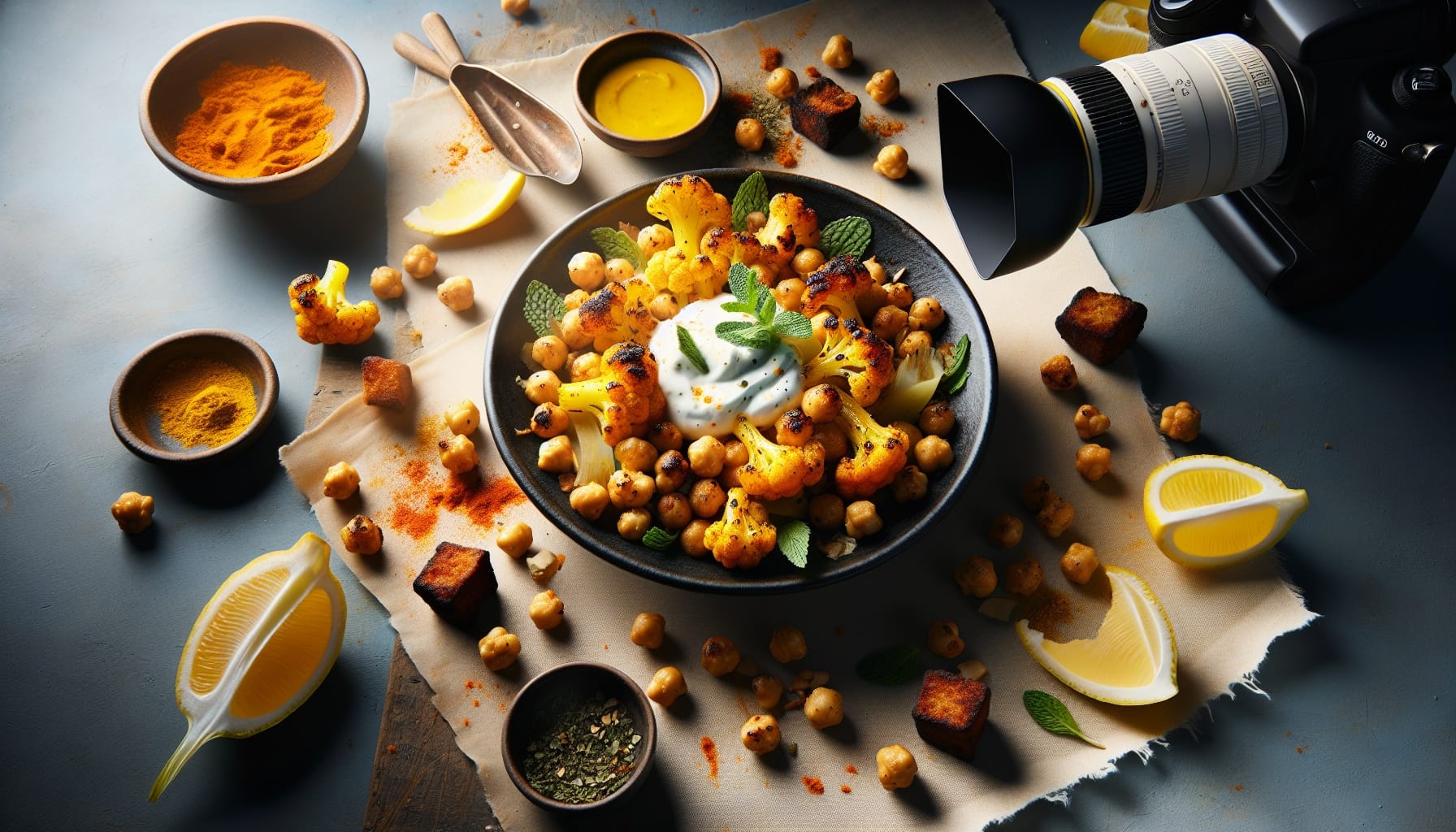 Turmeric Harissa Roasted Cauliflower with Lemon Mint Yogurt and Crispy Chickpeas - A delicious recipe by DigiDish