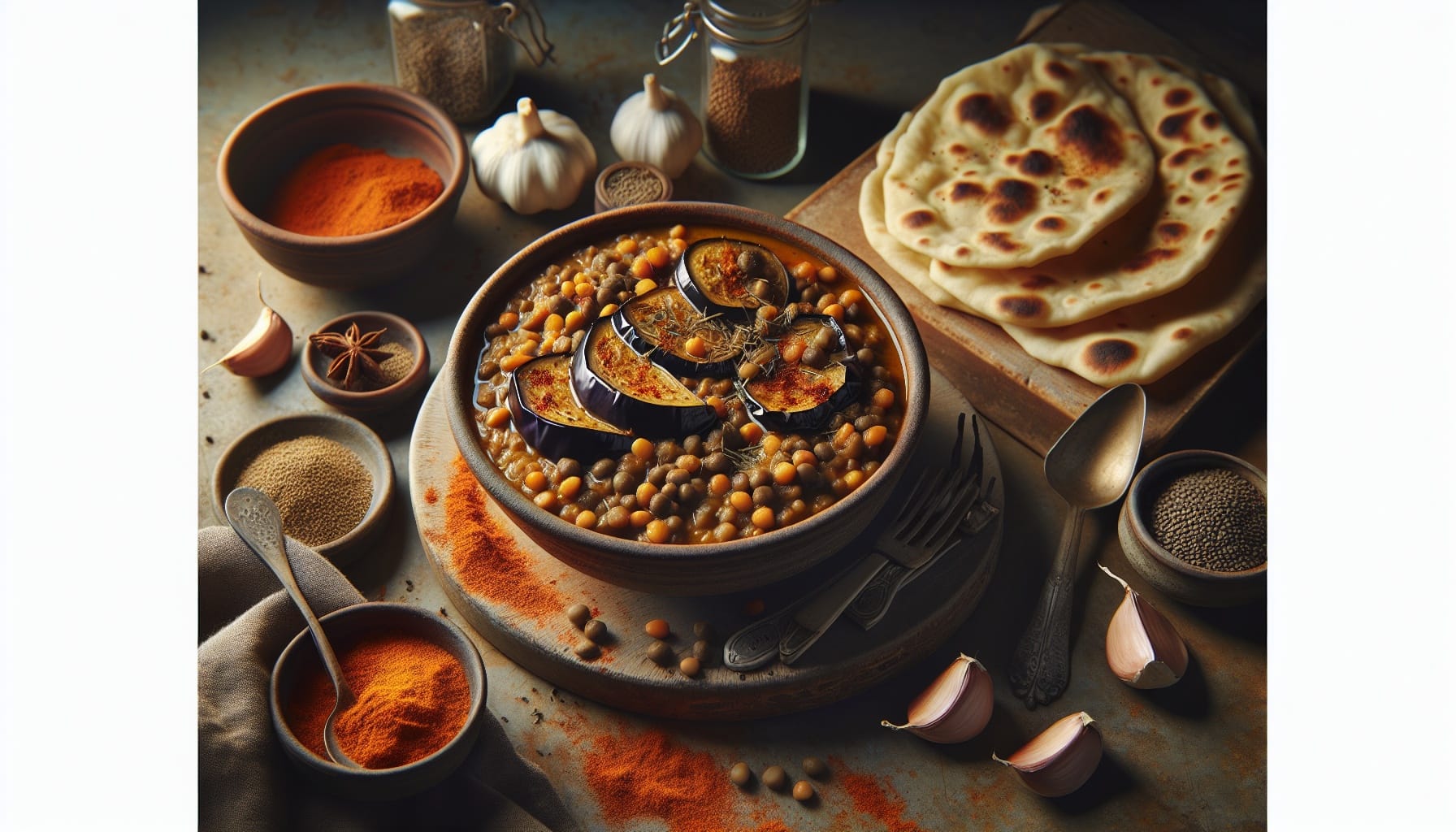 Smoky Eggplant and Lentil Stew with Garlic Cumin Flatbreads - A delicious recipe by DigiDish