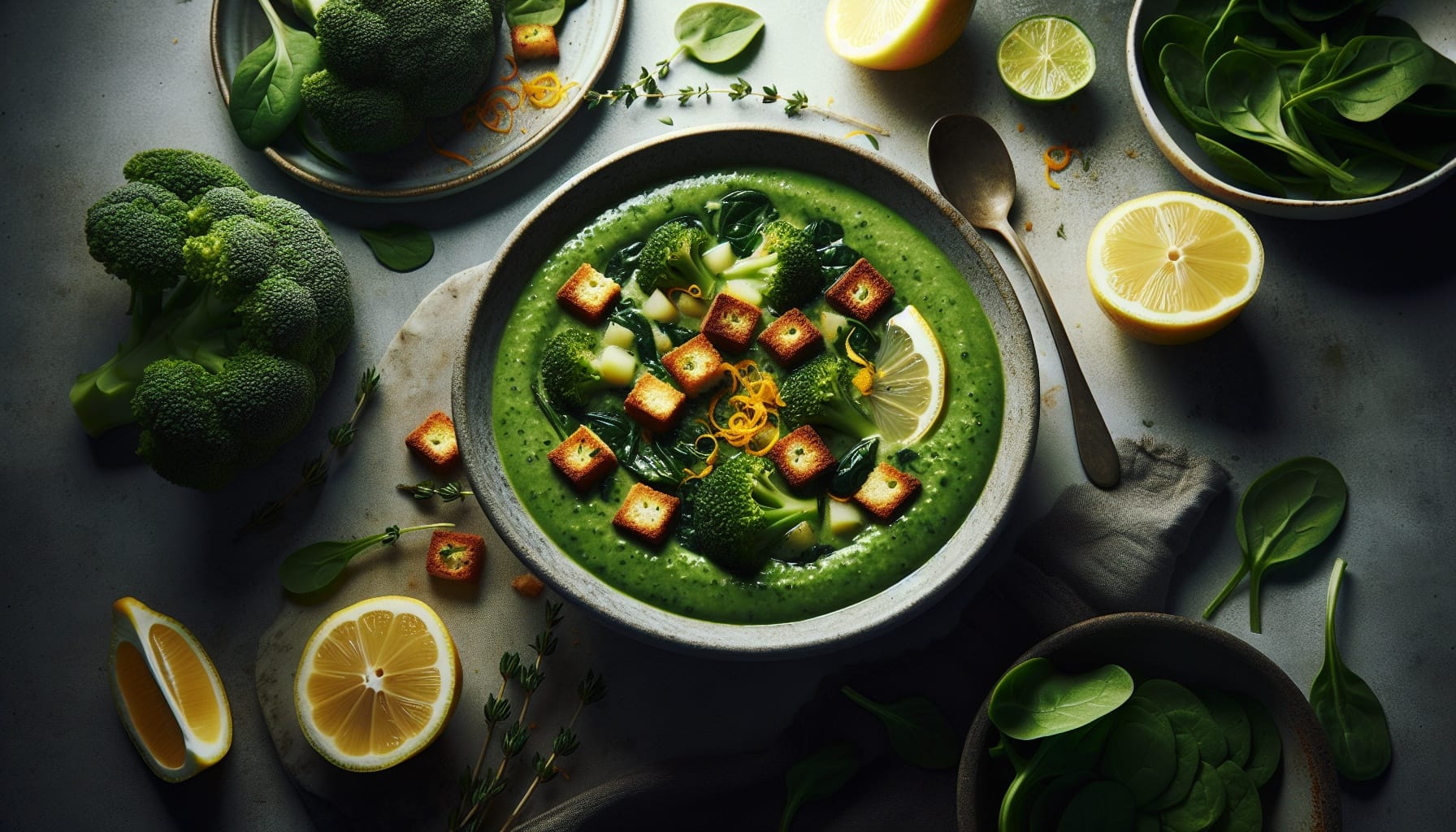 Velvety Spinach and Broccoli Soup with Lemon Thyme Croutons - A delicious recipe by DigiDish