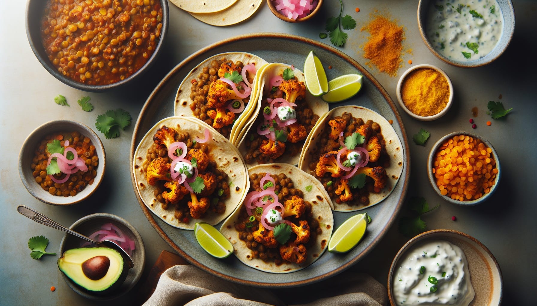 Spiced Cauliflower and Lentil Tacos with Pickled Red Onions and Lime Crema - A delicious recipe by DigiDish