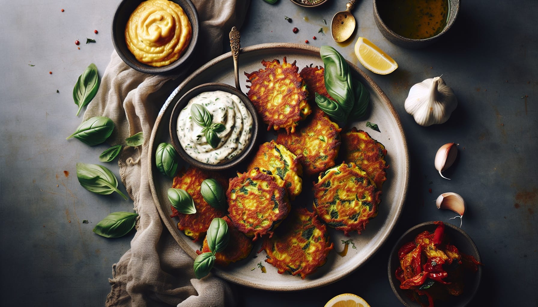 Crispy Zucchini Fritters with Lemon Basil Aioli and Roasted Red Pepper Relish - A delicious recipe by DigiDish