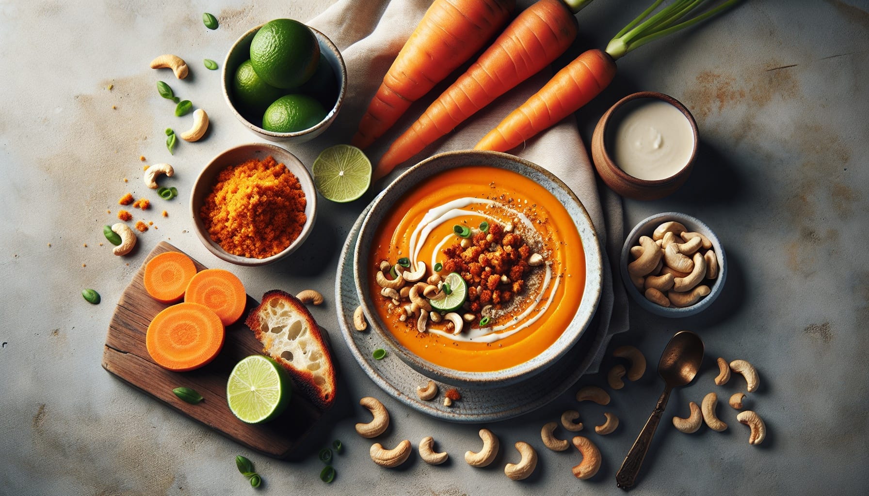 Carrot Coconut Soup with Spiced Cashew Crumble and Lime Zest - A delicious recipe by DigiDish