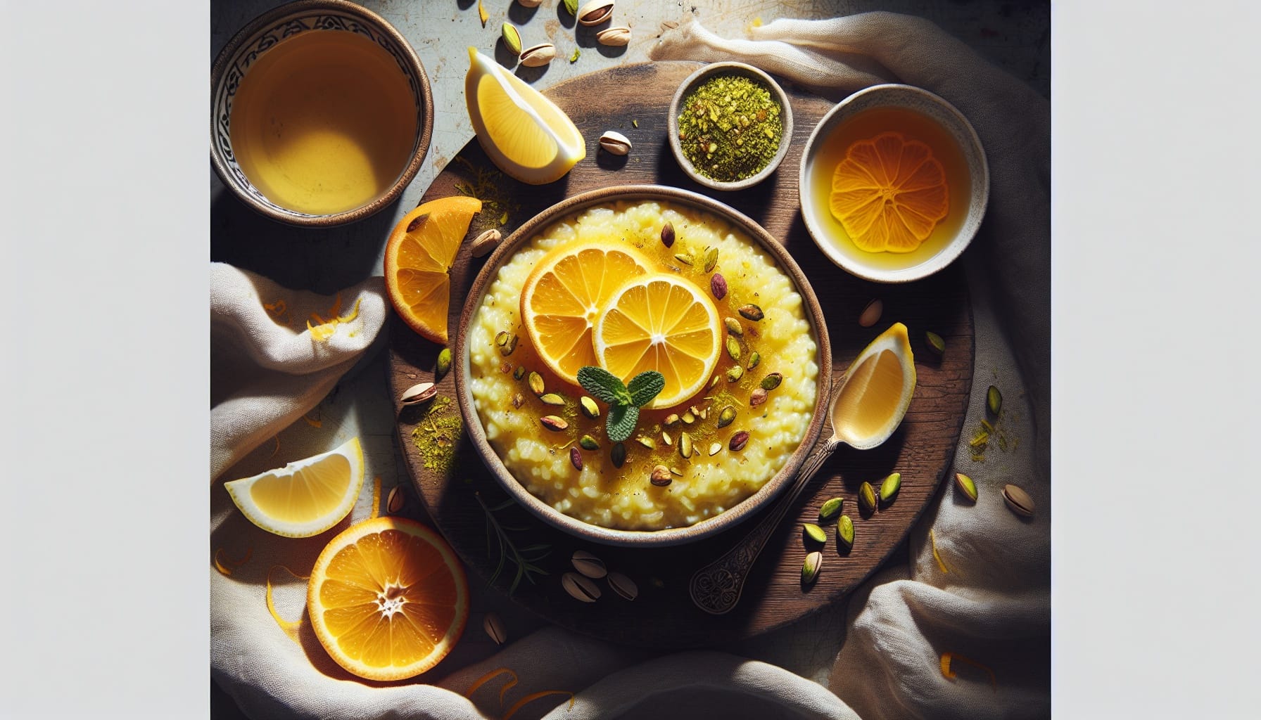 Lemon Saffron Rice Pudding with Pistachio Crunch and Honeyed Orange - A delicious recipe by DigiDish