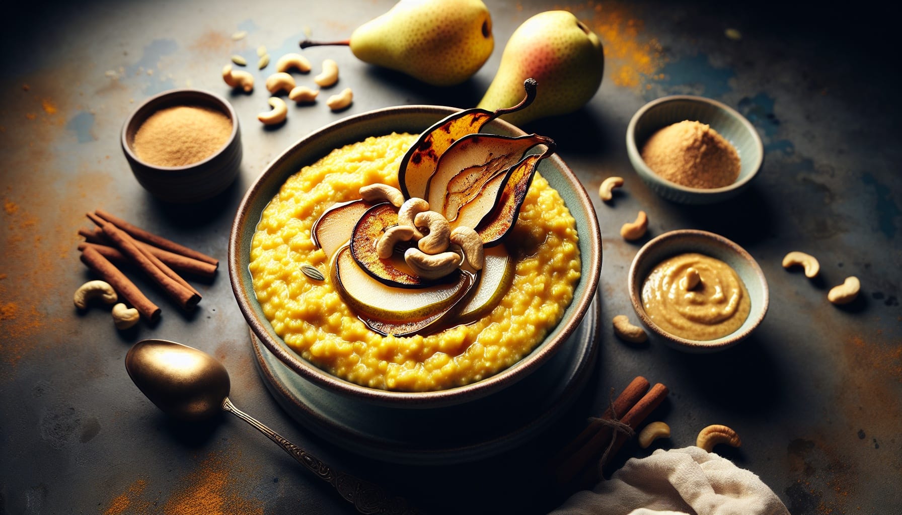 Golden Millet Porridge with Roasted Pears and Cardamom Cashew Butter - A delicious recipe by DigiDish