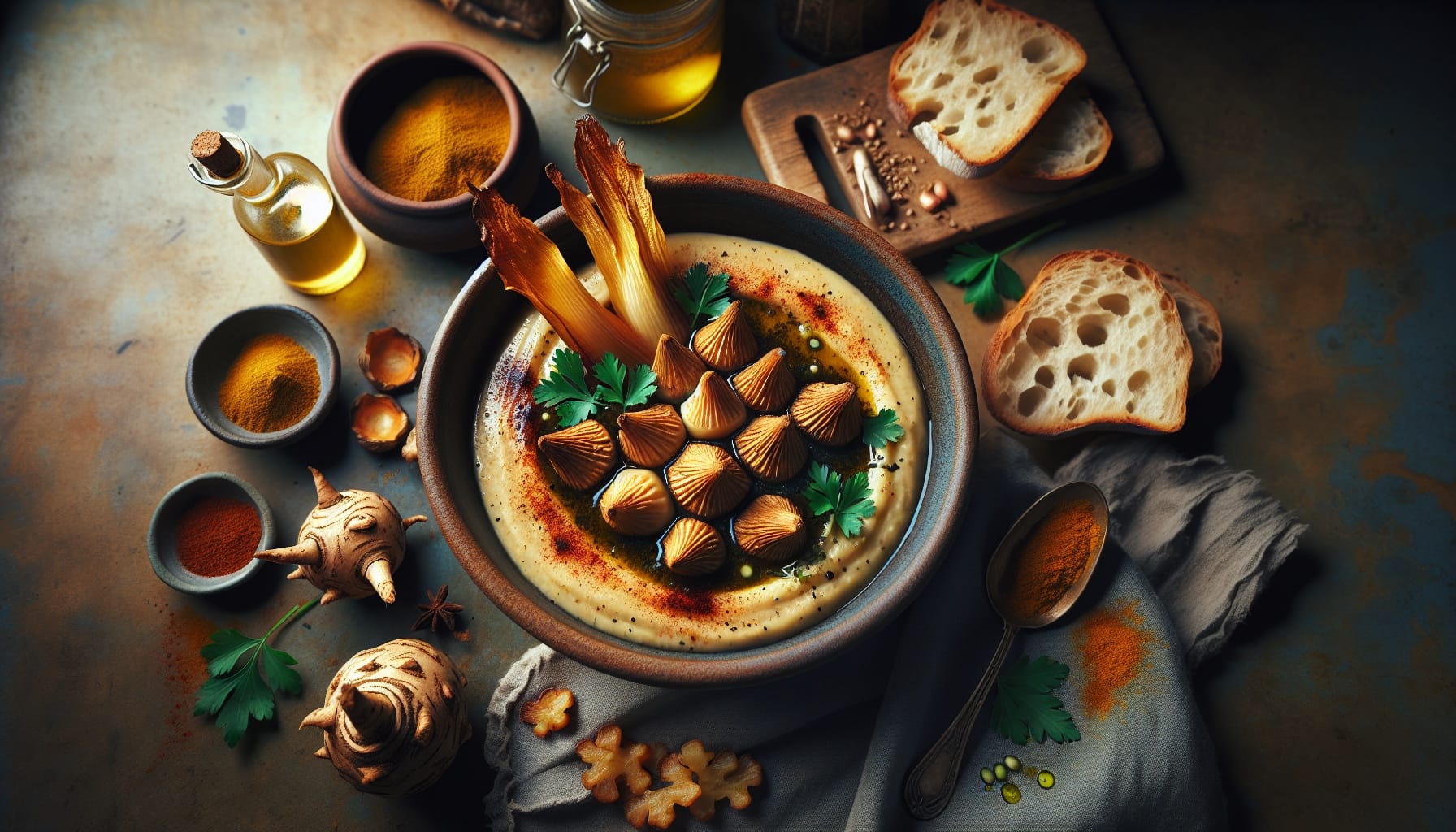 Spiced Sunchoke Soup with Crispy Leeks and Lemon Parsley Oil - A delicious recipe by DigiDish