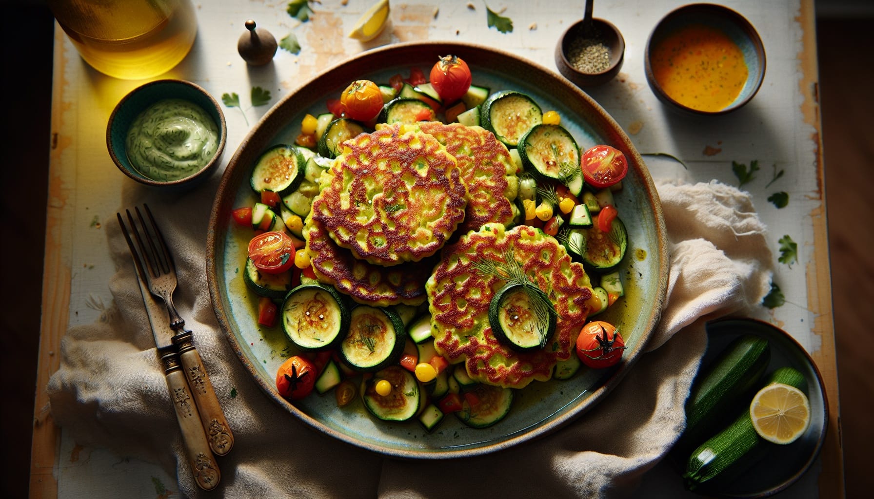 Crispy Chickpea Pancakes with Zucchini Salsa and Lemon Dill Sauce - A delicious recipe by DigiDish
