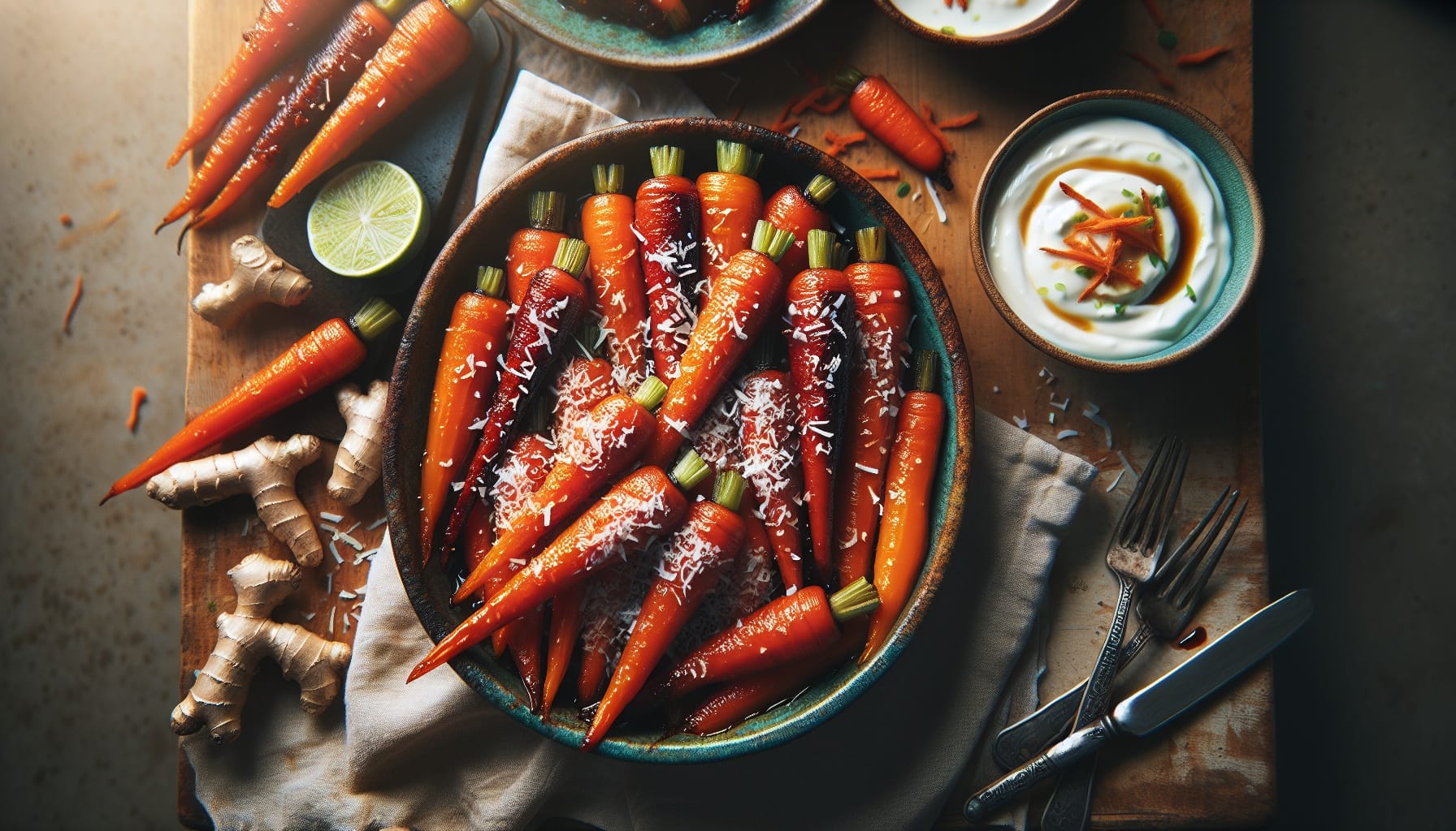 Sticky Tamarind Glazed Carrots with Toasted Coconut and Gingered Lime Yogurt - A delicious recipe by DigiDish