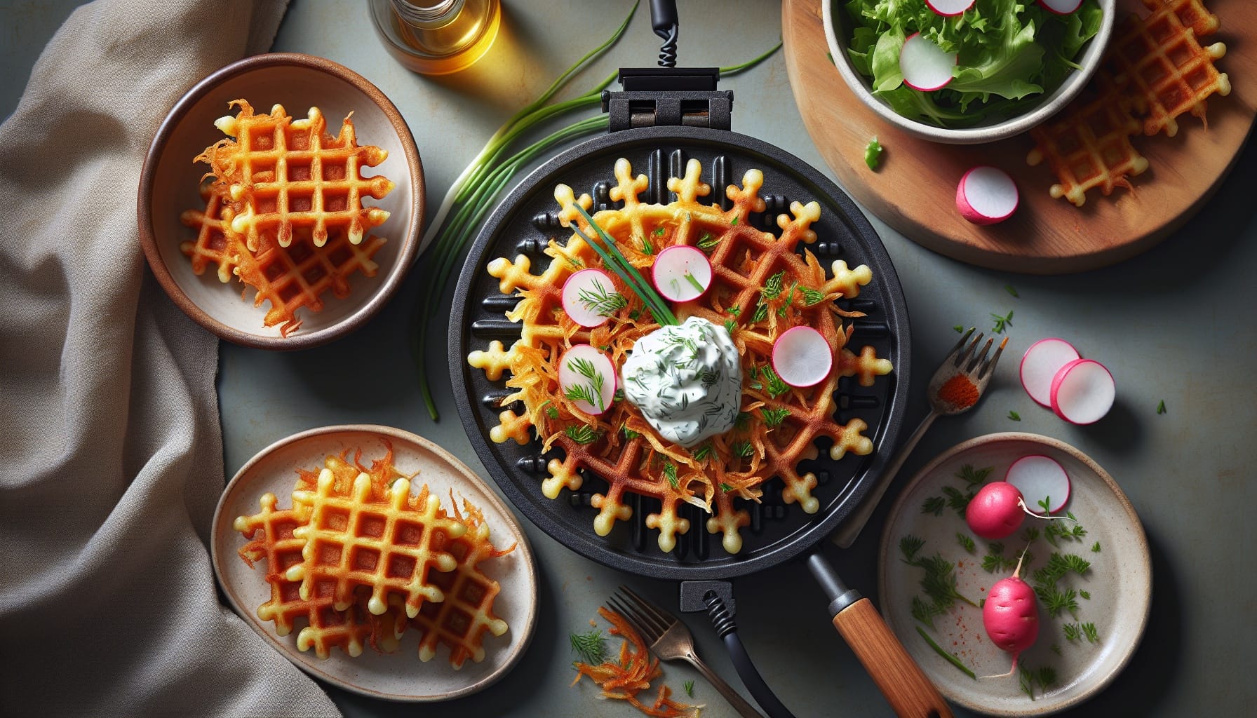 Crispy Potato Kugel Waffles with Herbed Sour Cream and Pickled Radish - A delicious recipe by DigiDish
