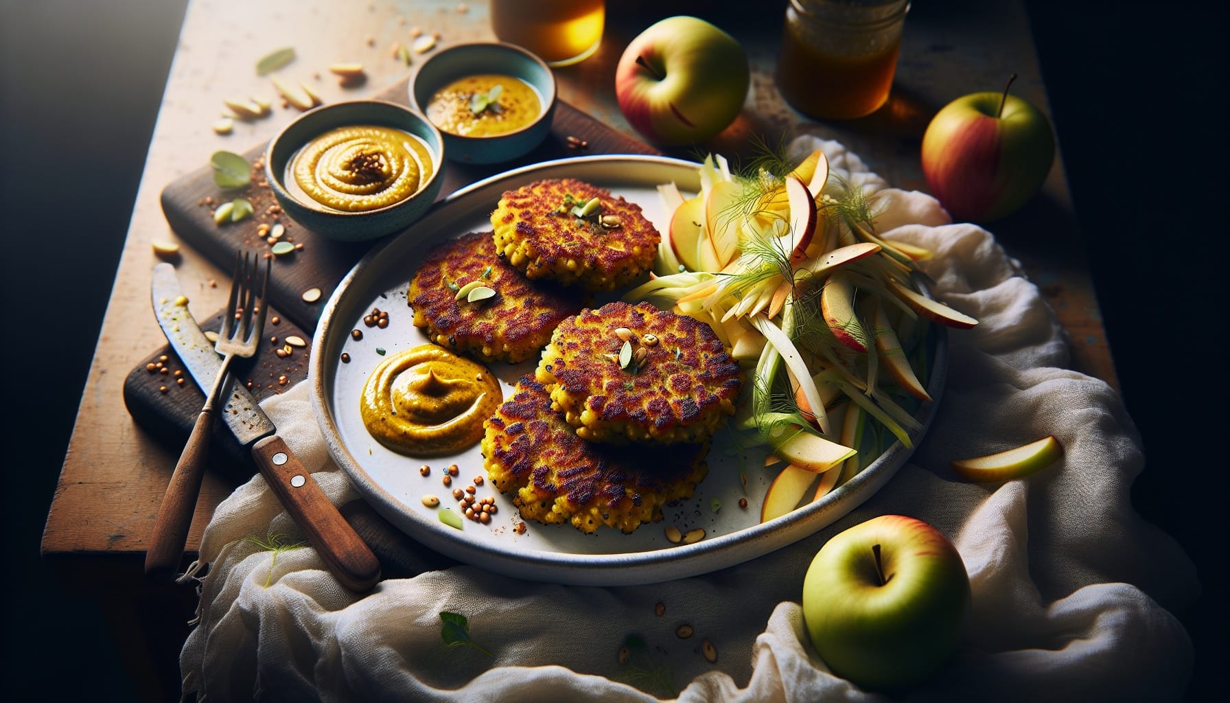 Golden Millet Cakes with Creamy Mustard Sauce and Apple Fennel Slaw - A delicious recipe by DigiDish