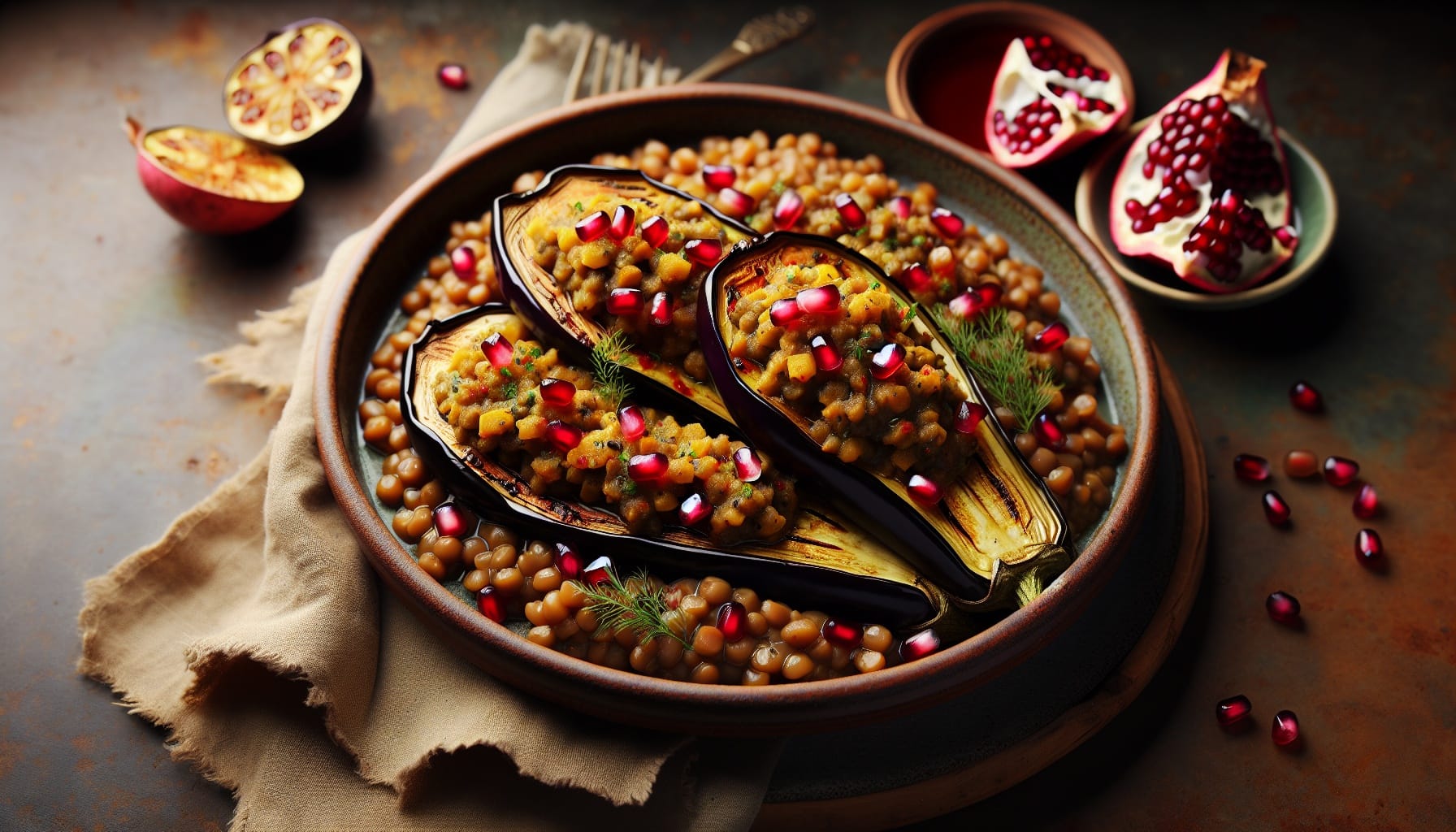 Spiced Lentil Stuffed Eggplant with Pomegranate Molasses Drizzle - A delicious recipe by DigiDish