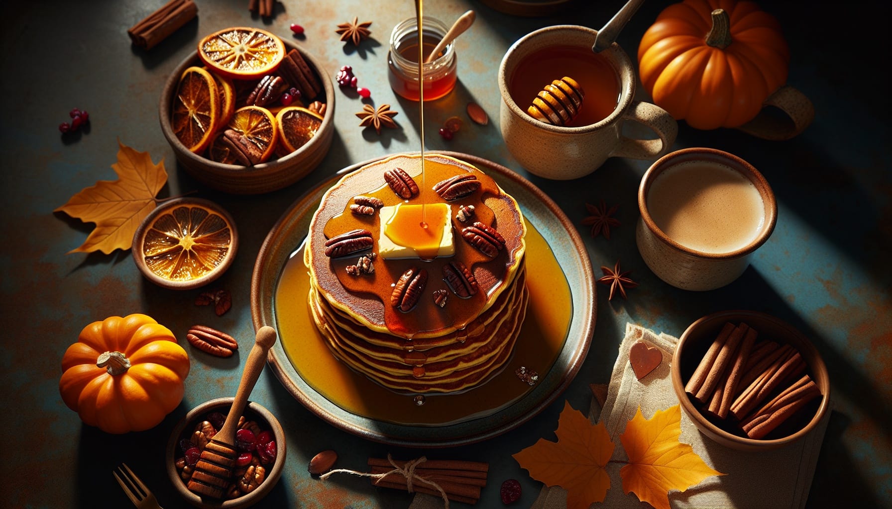 Spiced Pumpkin Pancakes with Maple Pecan Butter and Orange Honey Syrup - A delicious recipe by DigiDish