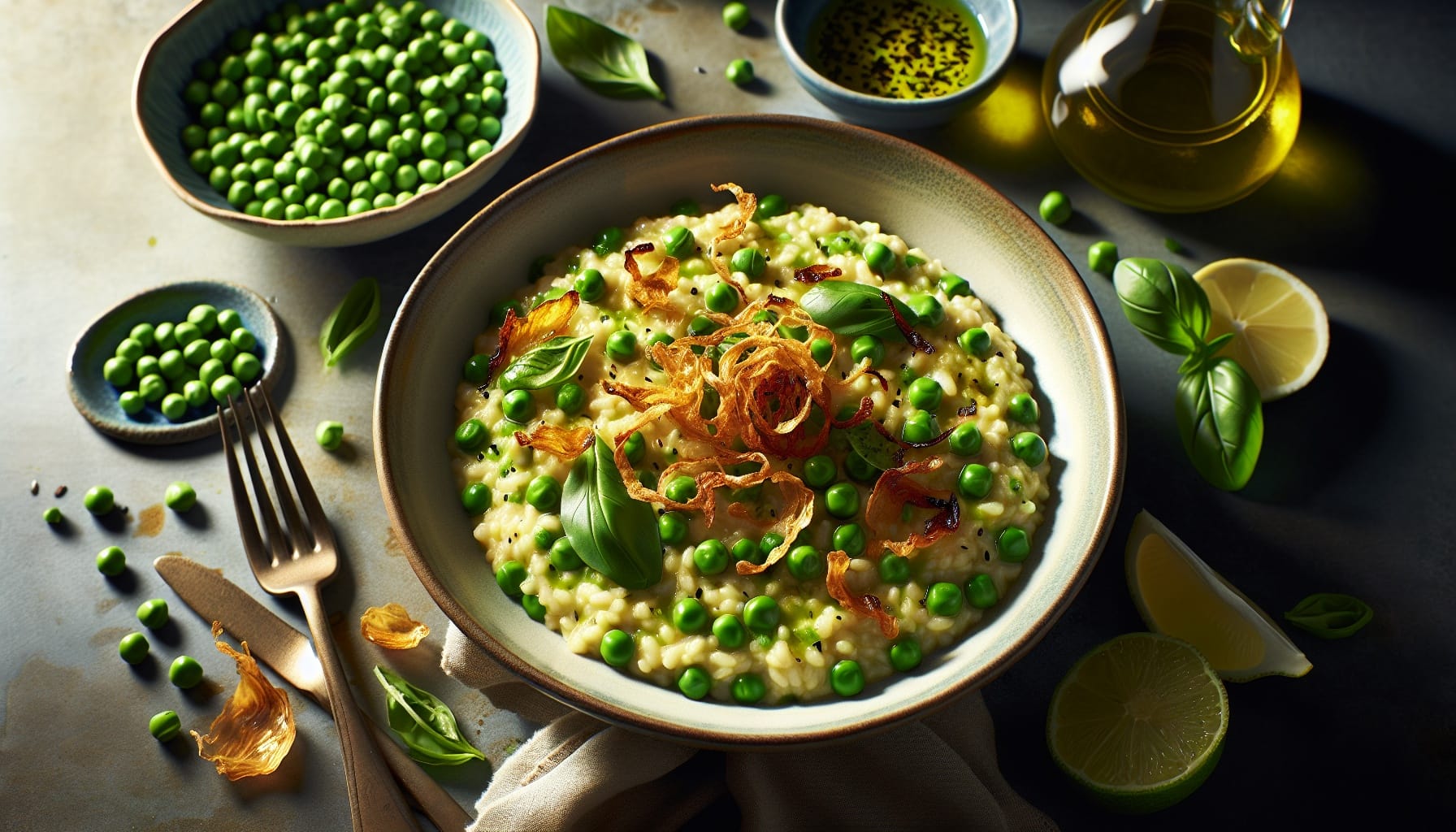 Spring Pea Risotto with Lemon Basil Oil and Crispy Shallots - A delicious recipe by DigiDish