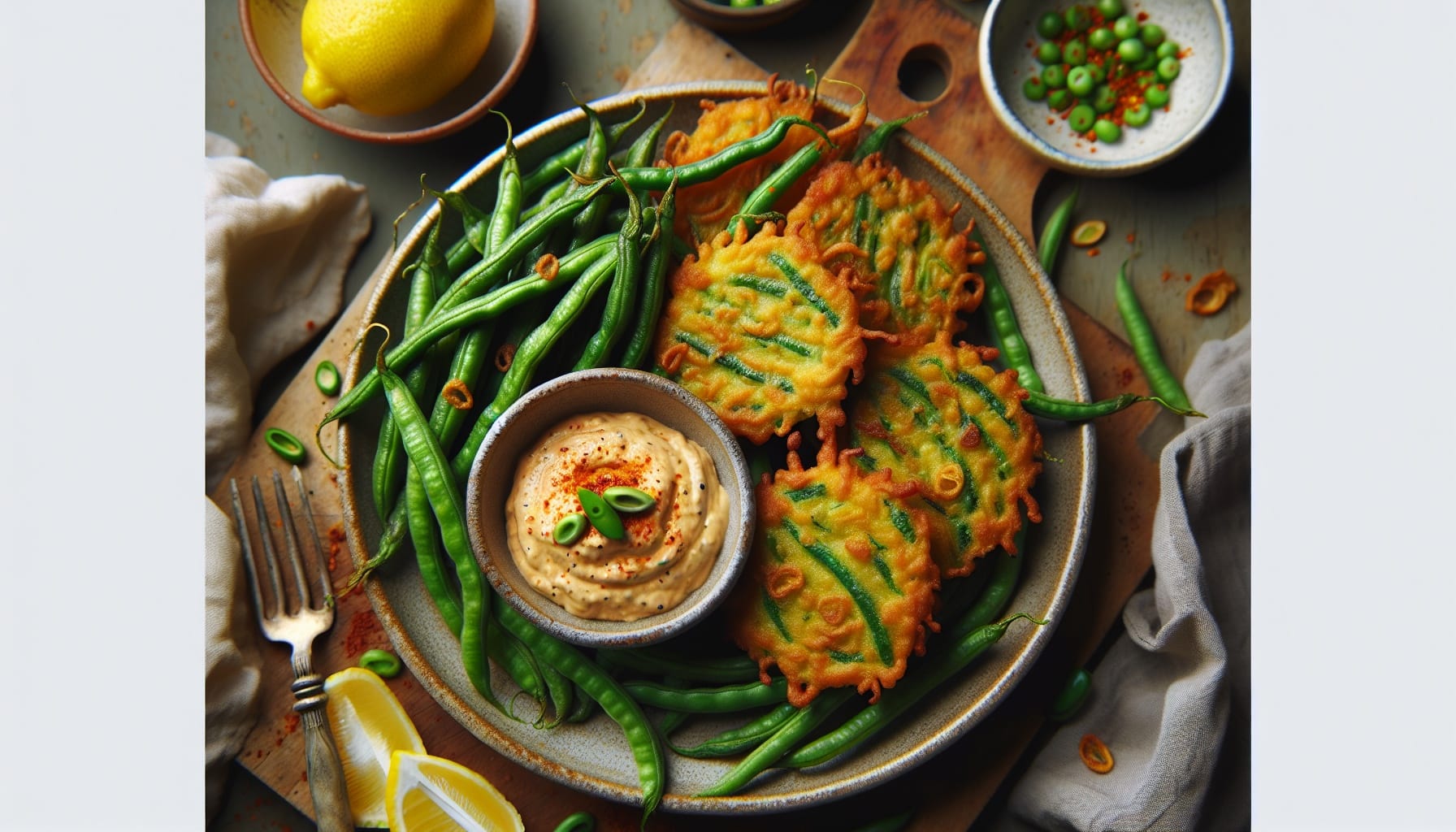Crispy Green Bean Fritters with Spicy Lemon Tahini Dip - A delicious recipe by DigiDish