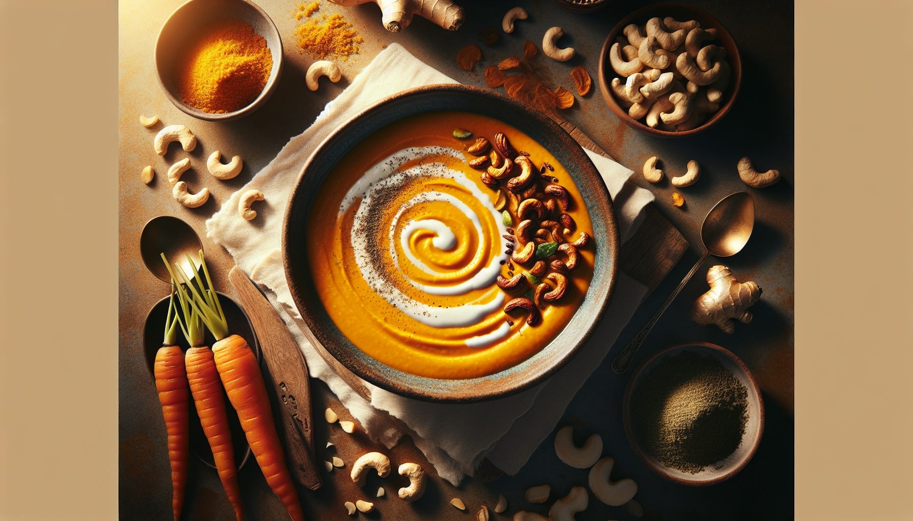 Golden Carrot Ginger Bisque with Toasted Cumin Cashews and Lime Yogurt Swirl - A delicious recipe by DigiDish