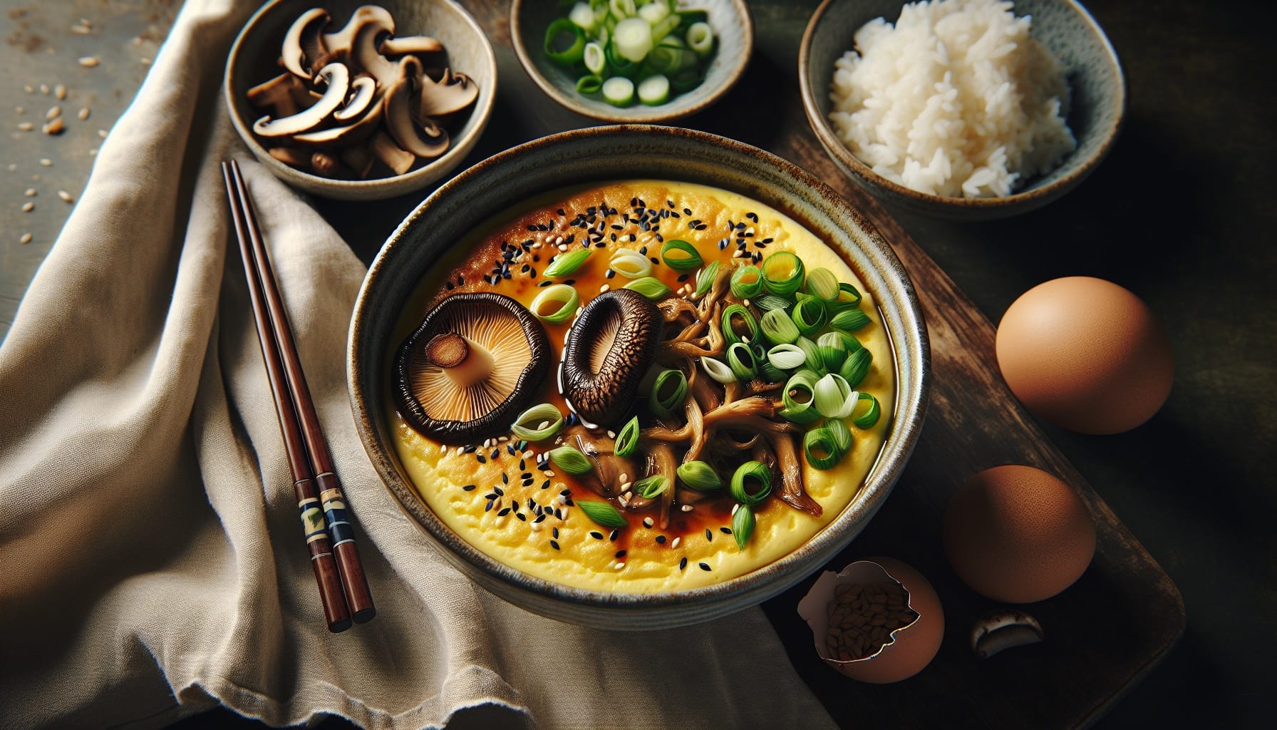 Savory Egg Custard with Shiitake Mushrooms and Sesame Scallion Garnish - A delicious recipe by DigiDish