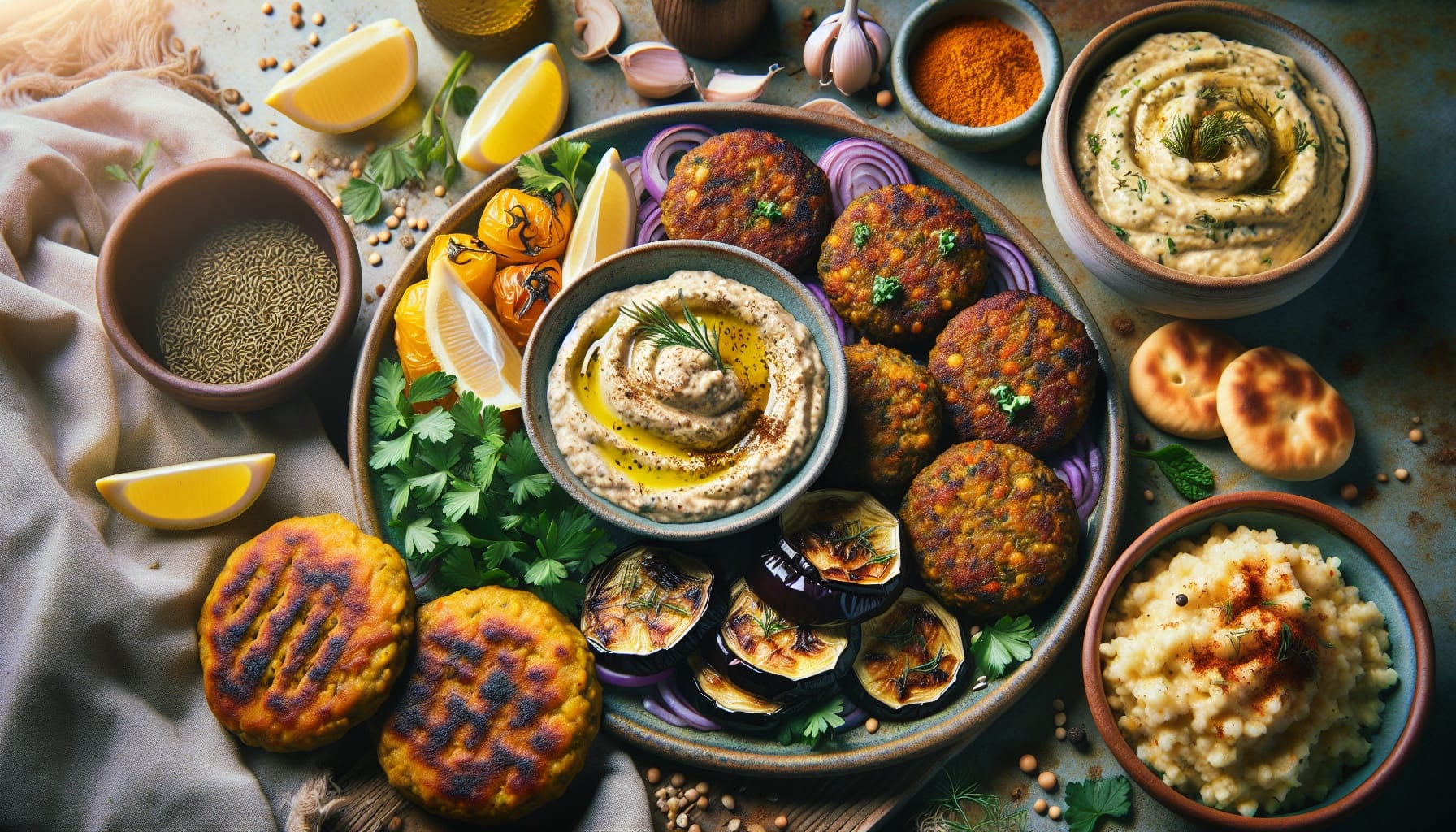 Zesty Lentil Patties with Roasted Eggplant Dip and Fresh Herb Salad - A delicious recipe by DigiDish