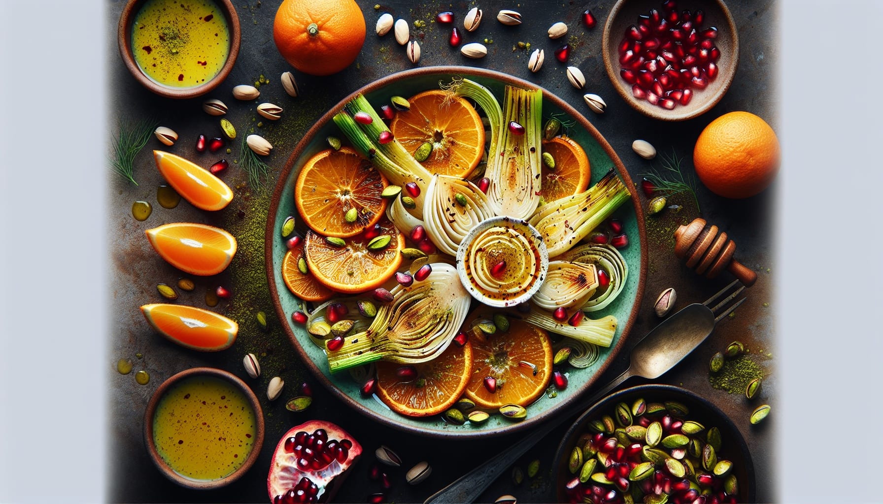 Roasted Fennel and Orange Salad with Toasted Pistachios and Pomegranate Honey Dressing - A delicious recipe by DigiDish