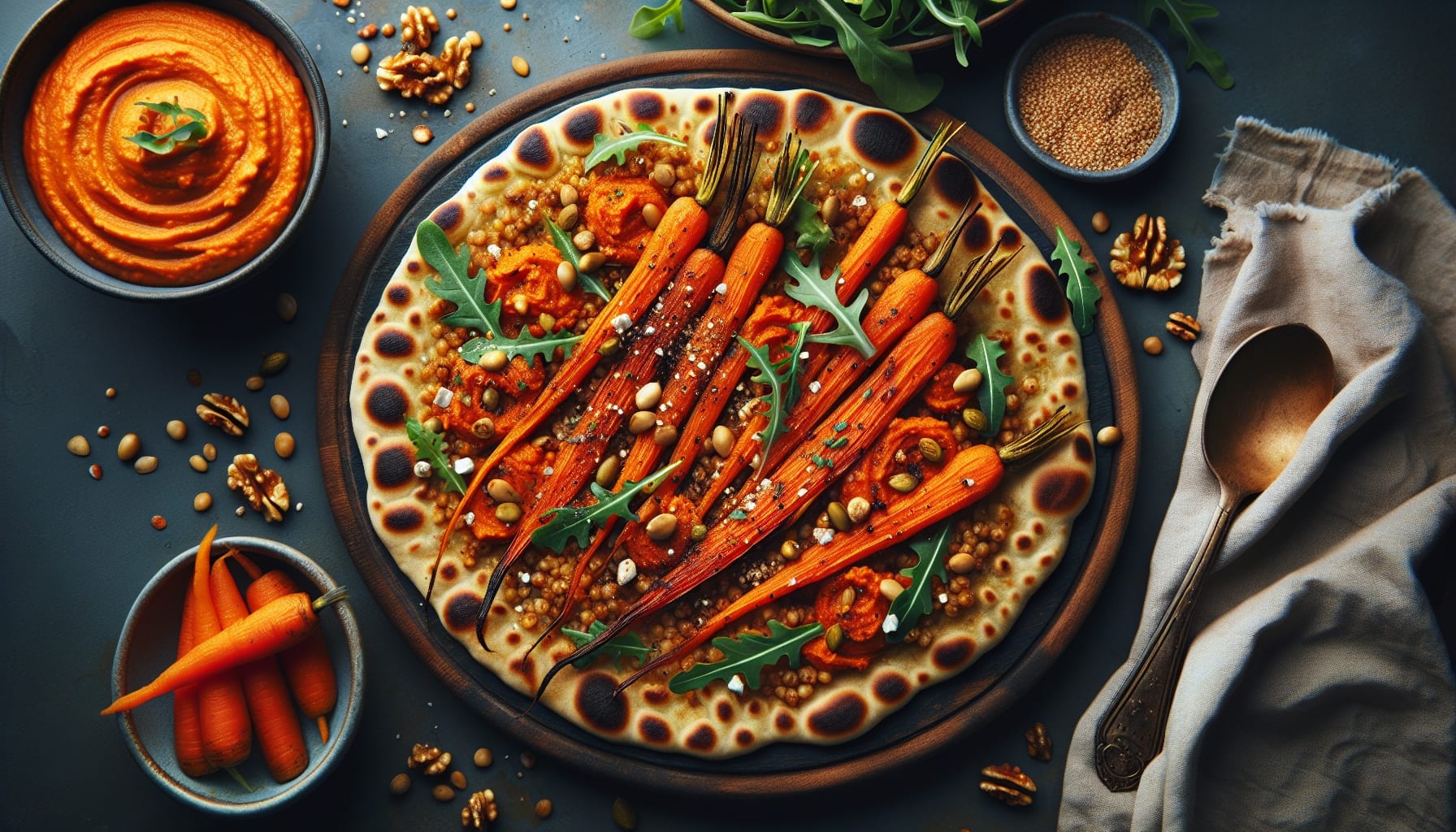 Savory Millet Flatbreads with Spiced Carrot Spread and Arugula Salad - A delicious recipe by DigiDish