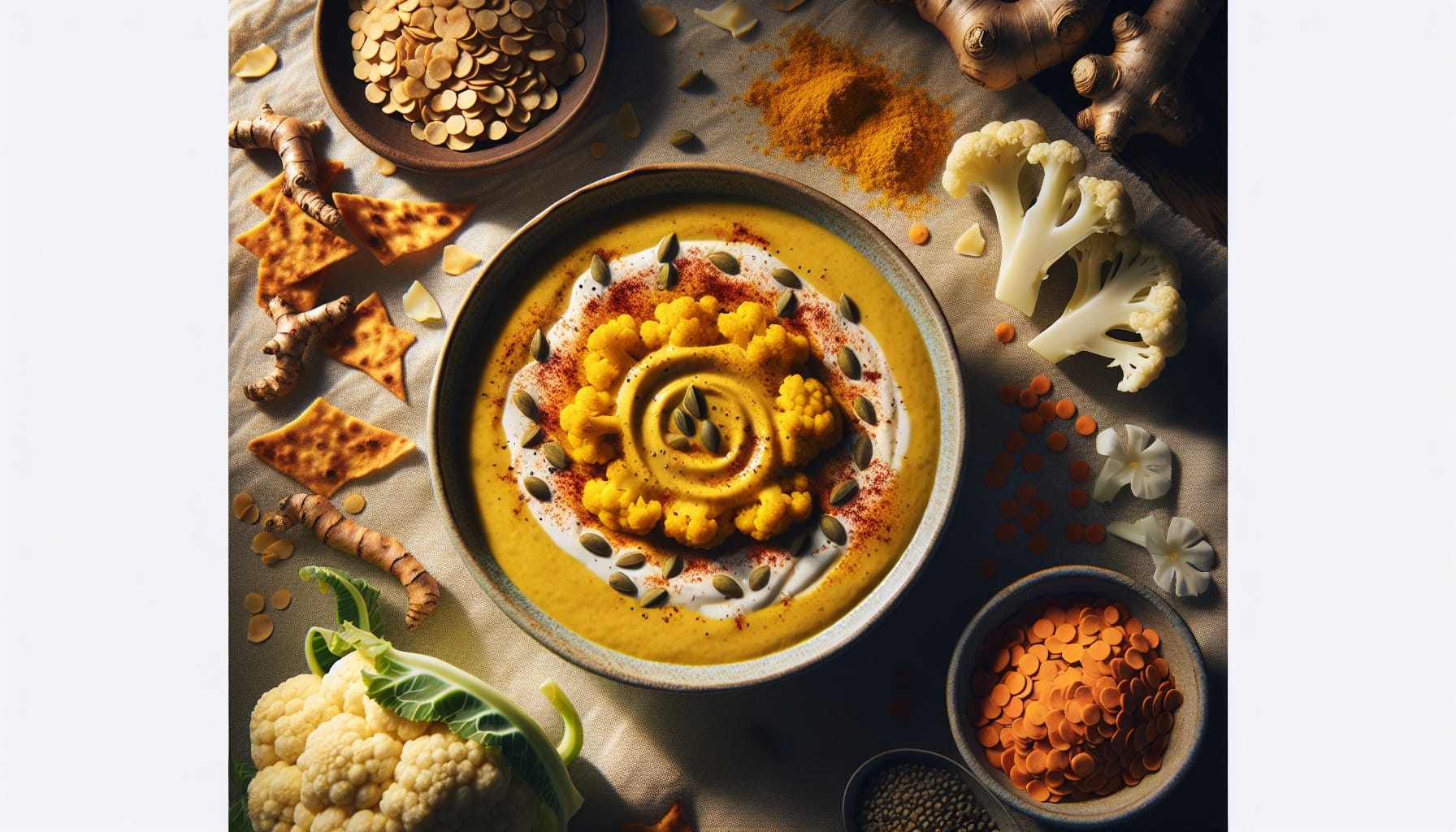 Turmeric Cauliflower Soup with Coconut Lentil Swirl and Spiced Pita Chips - A delicious recipe by DigiDish