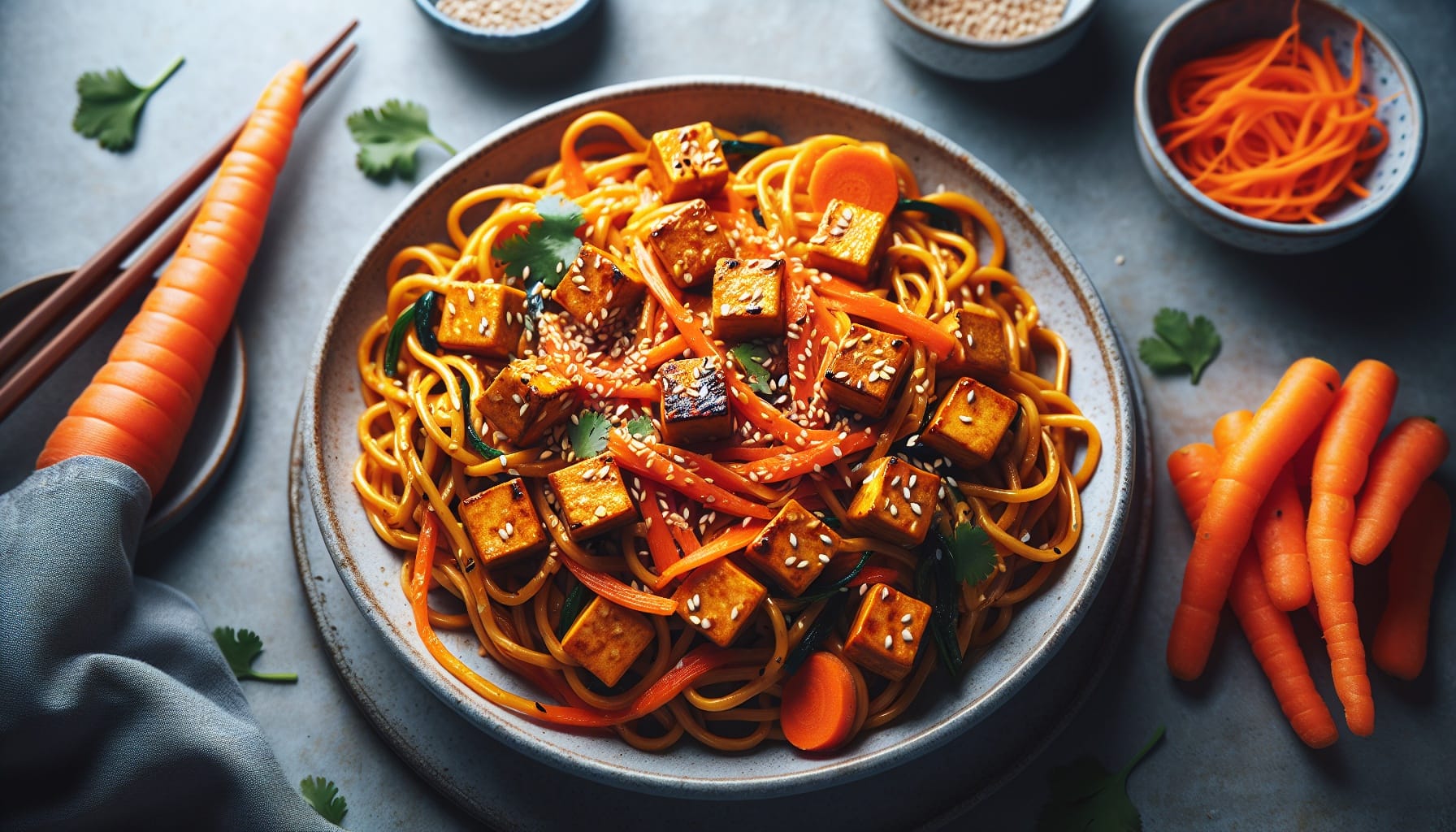Sesame Ginger Carrot Noodles with Crispy Tofu and Fresh Cilantro - A delicious recipe by DigiDish