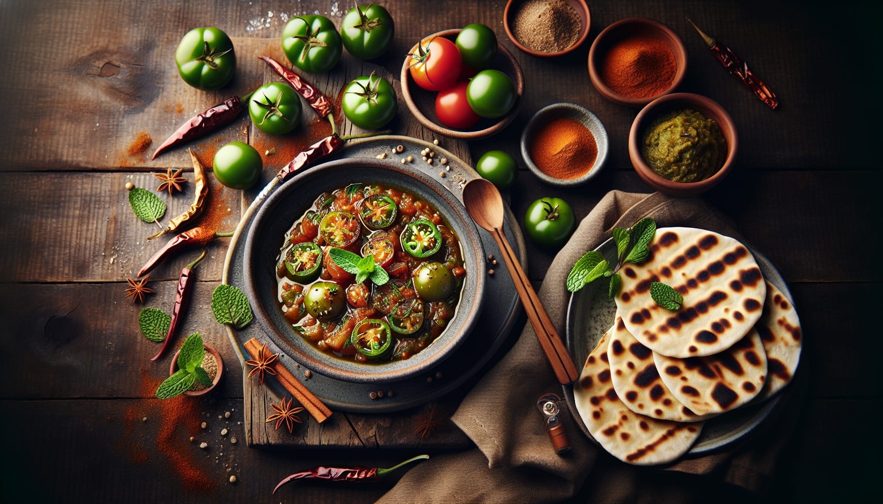 Spiced Green Tomato Chutney with Grilled Flatbreads and Fresh Mint - A delicious recipe by DigiDish