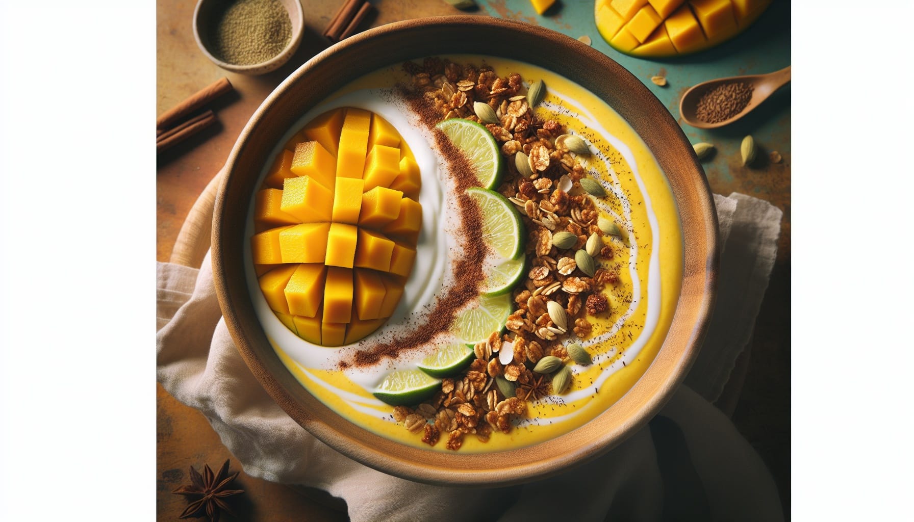 Chilled Mango Coconut Lassi Bowl with Spiced Granola and Lime Zest - A delicious recipe by DigiDish