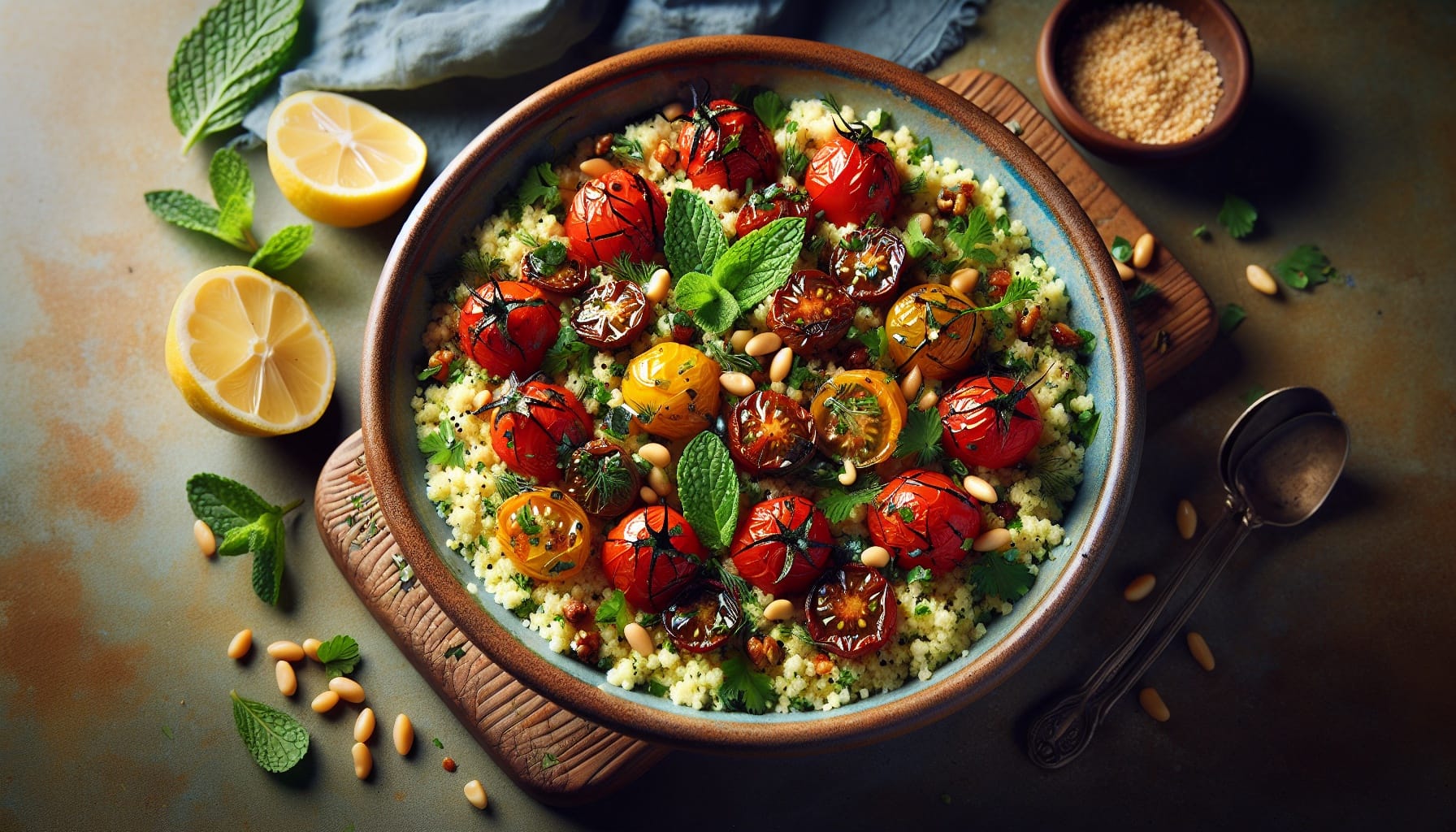 Herb Infused Couscous with Roasted Cherry Tomatoes and Lemon Tahini Drizzle - A delicious recipe by DigiDish